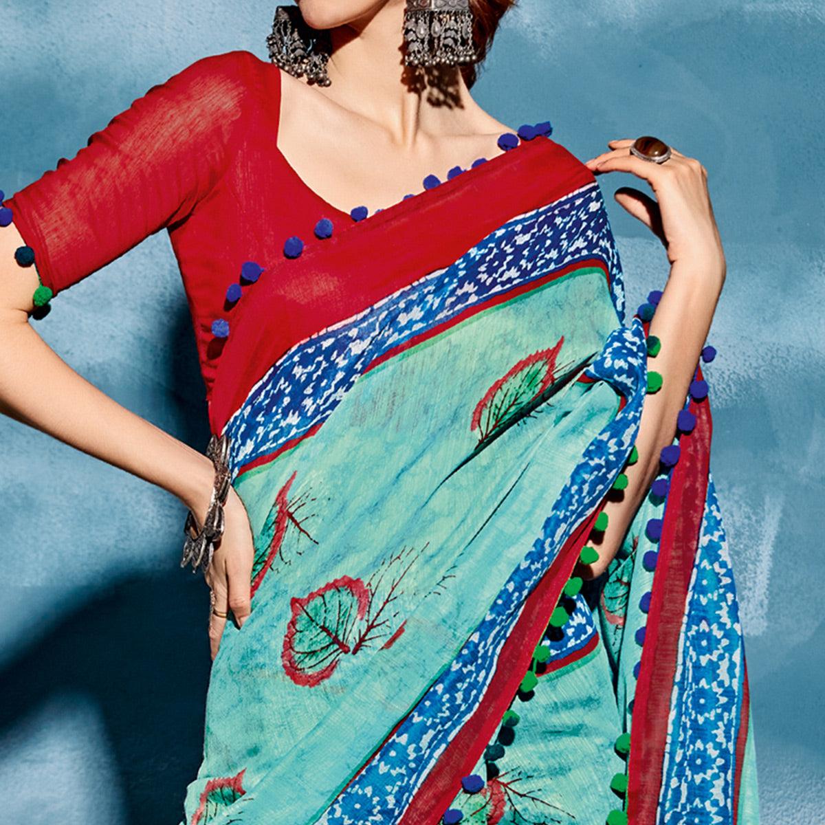 Light Blue Printed Poly Cotton Saree With Pumpum Lace - Peachmode