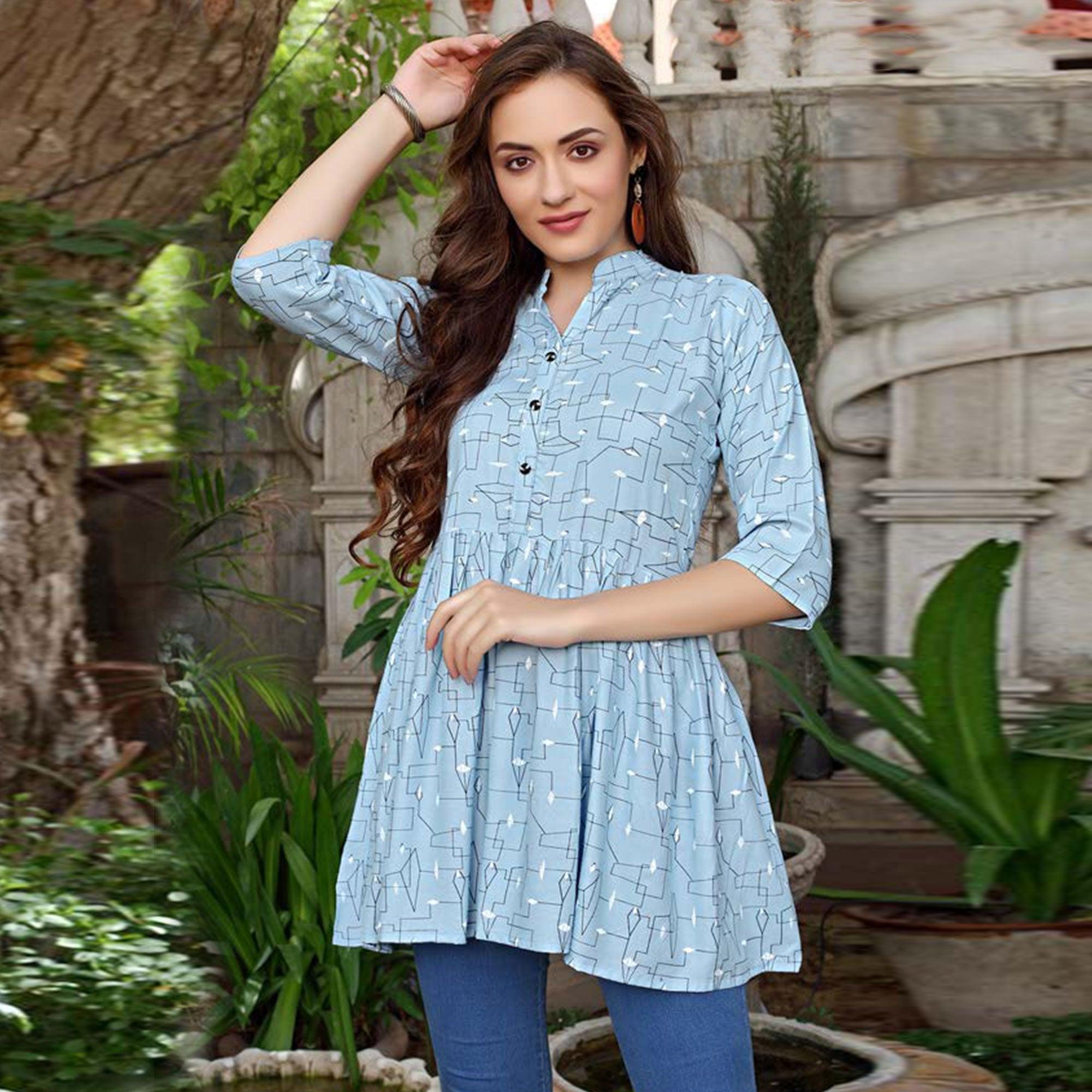 Light Blue Printed Poly Cotton Top - Peachmode