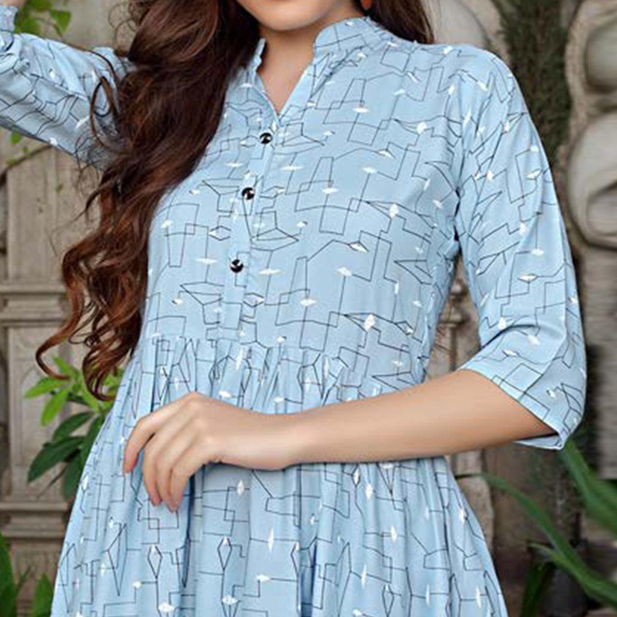Light Blue Printed Poly Cotton Top - Peachmode