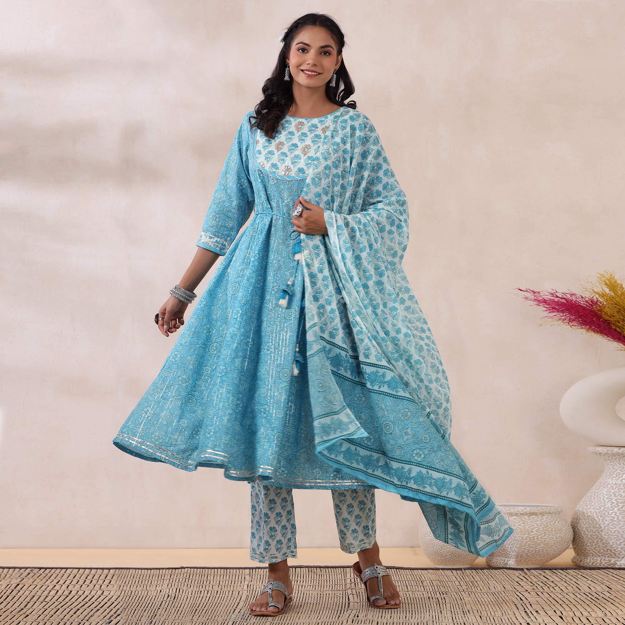 Light Blue Printed Pure Cotton Anarkali Suit - Peachmode