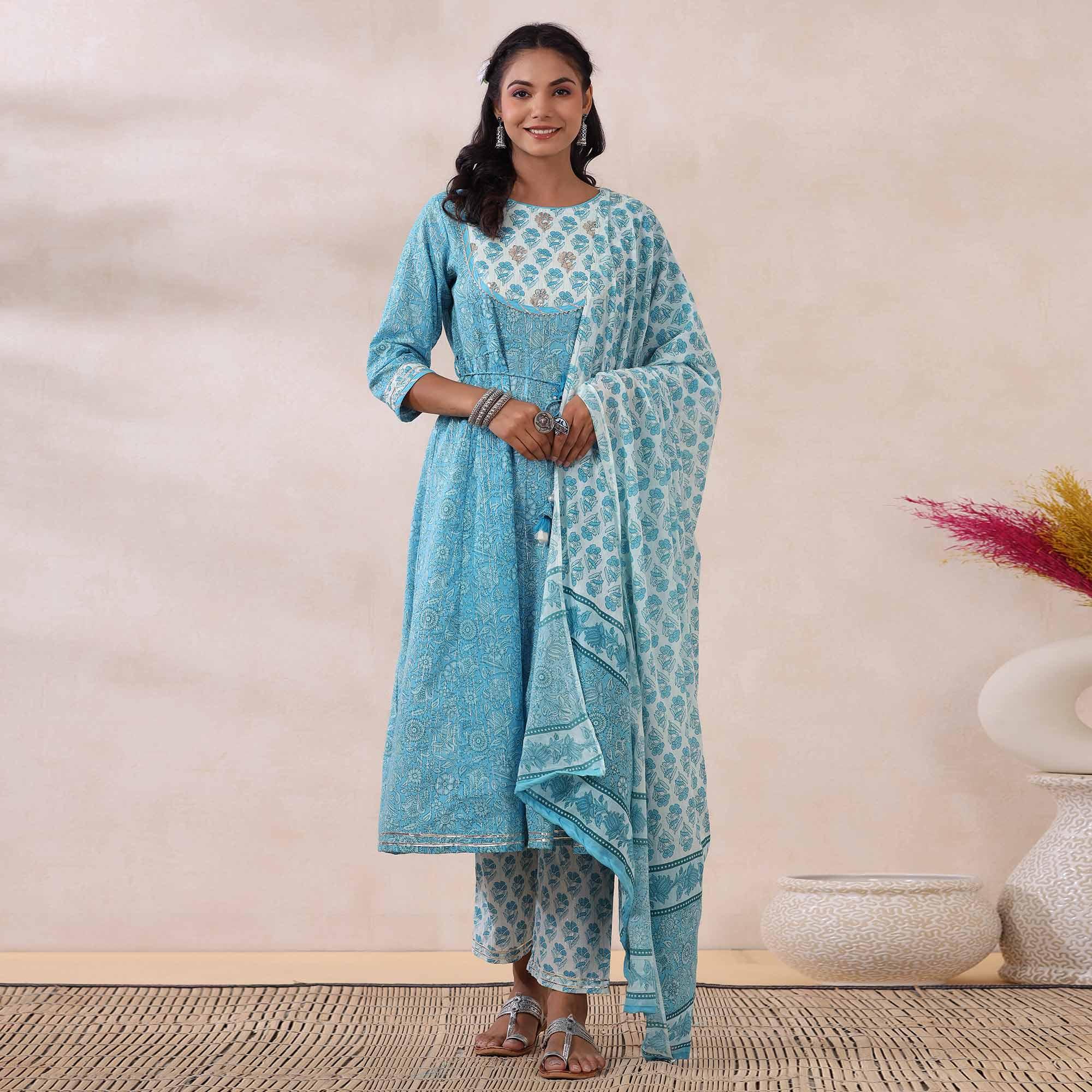 Light Blue Printed Pure Cotton Anarkali Suit - Peachmode
