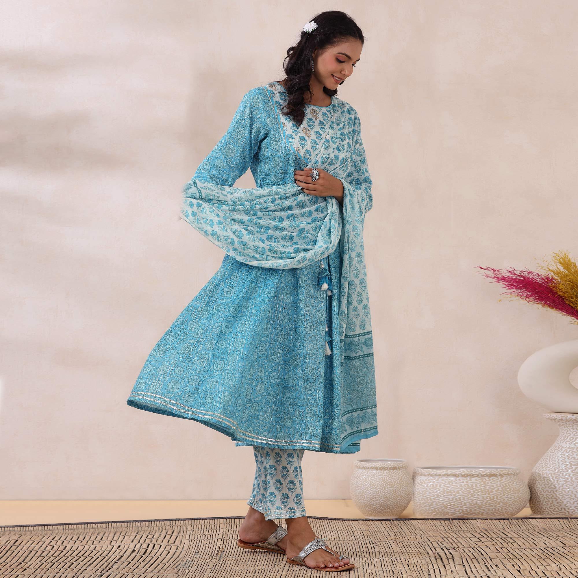 Light Blue Printed Pure Cotton Anarkali Suit - Peachmode
