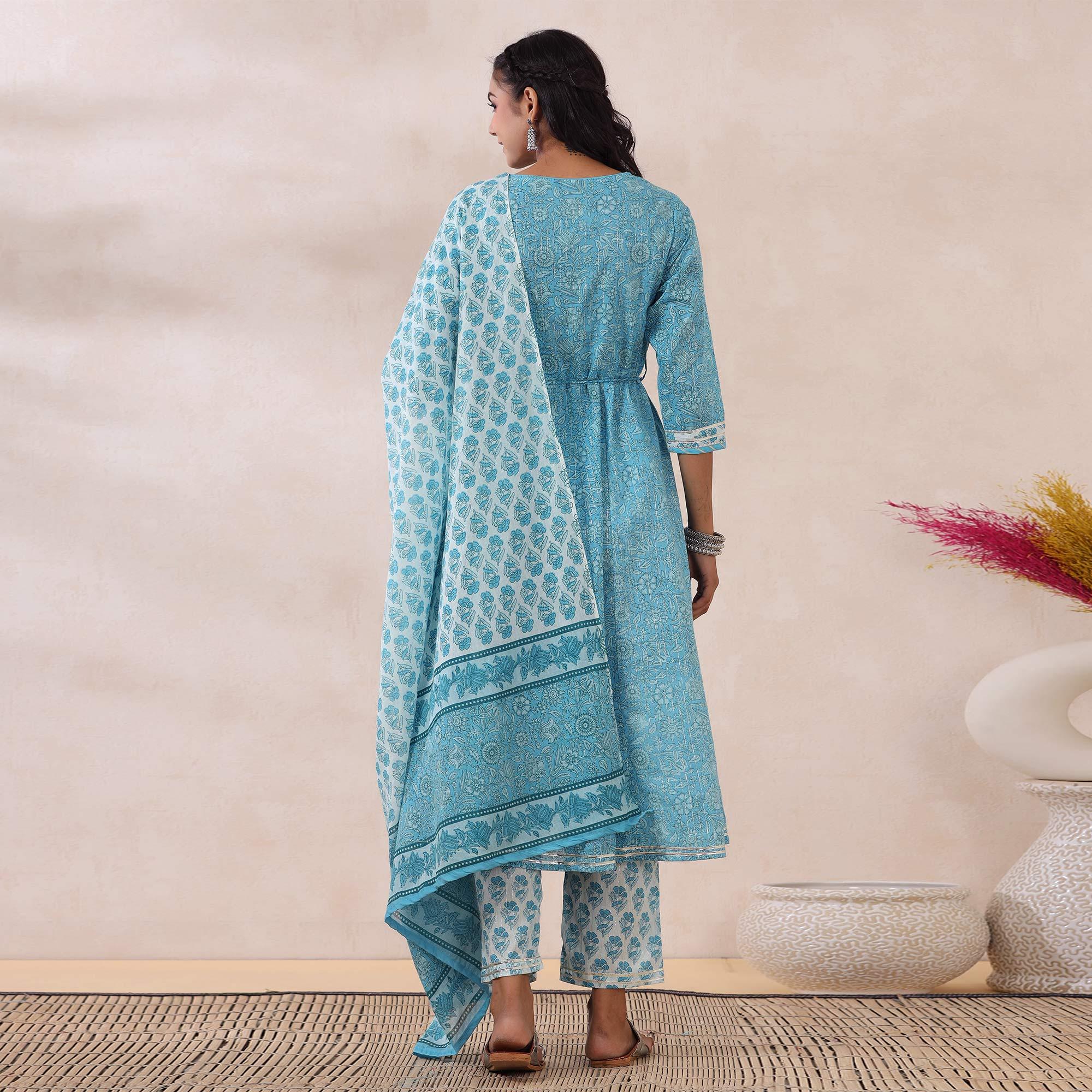 Light Blue Printed Pure Cotton Anarkali Suit - Peachmode