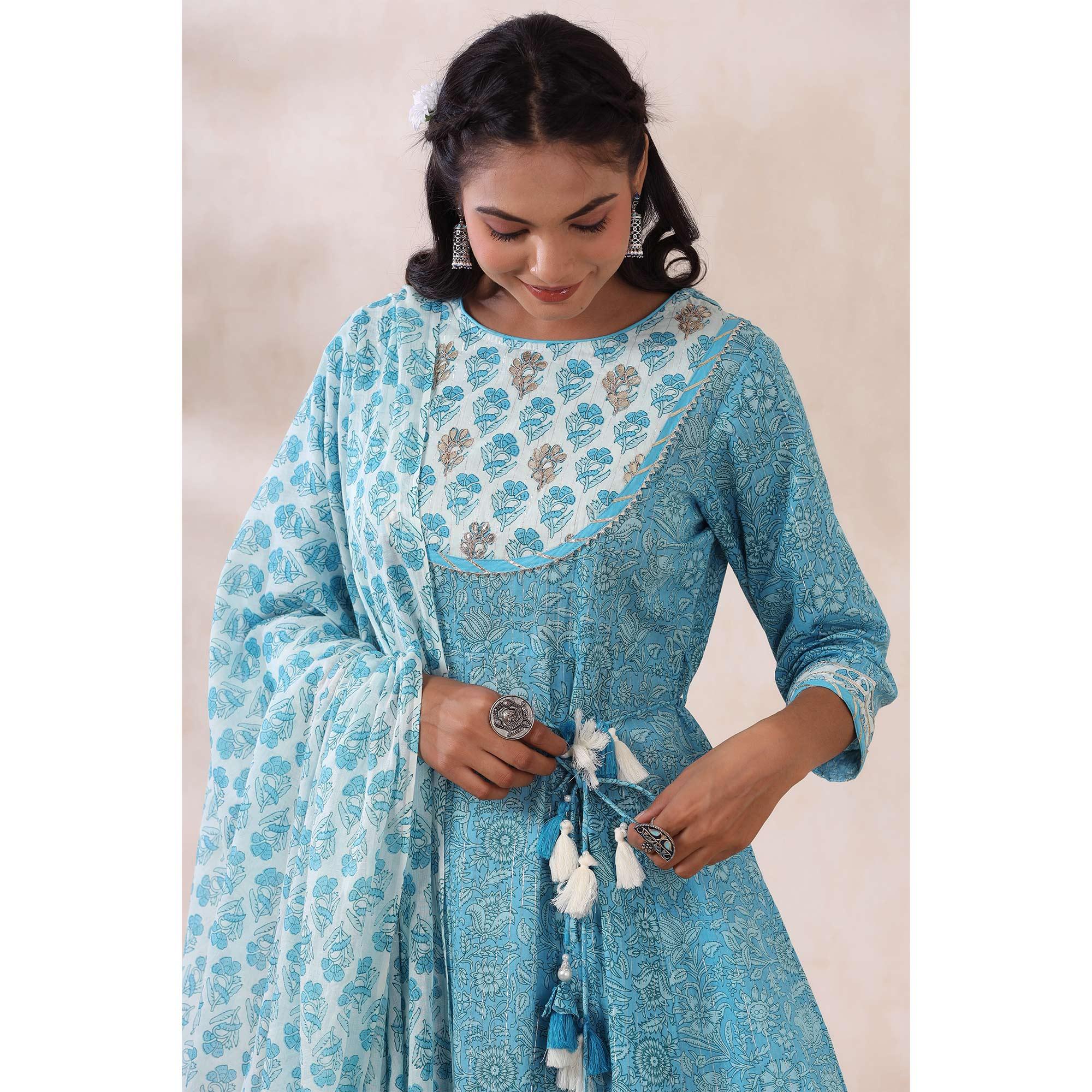 Light Blue Printed Pure Cotton Anarkali Suit - Peachmode