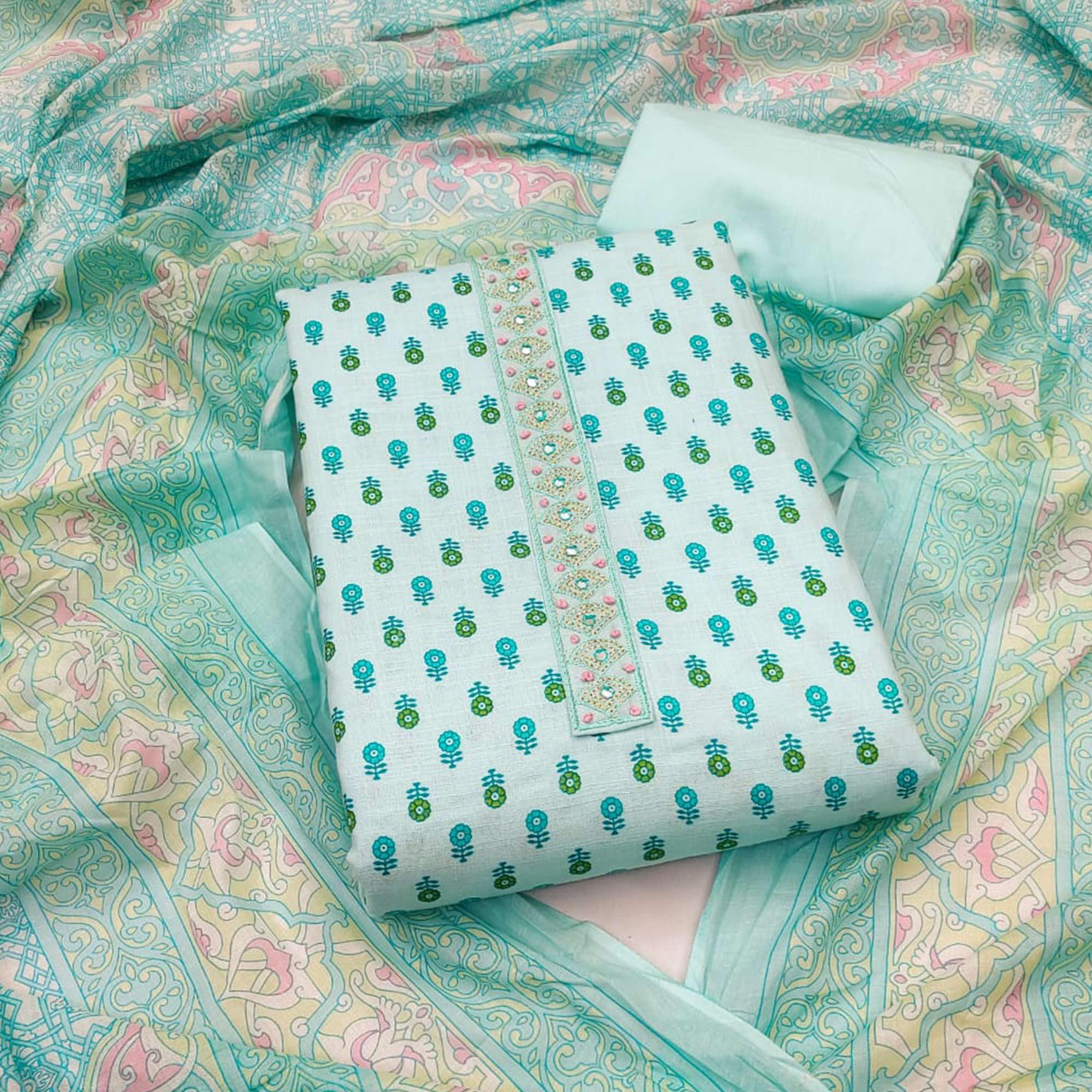 Light Blue Printed Pure Cotton Dress Material - Peachmode