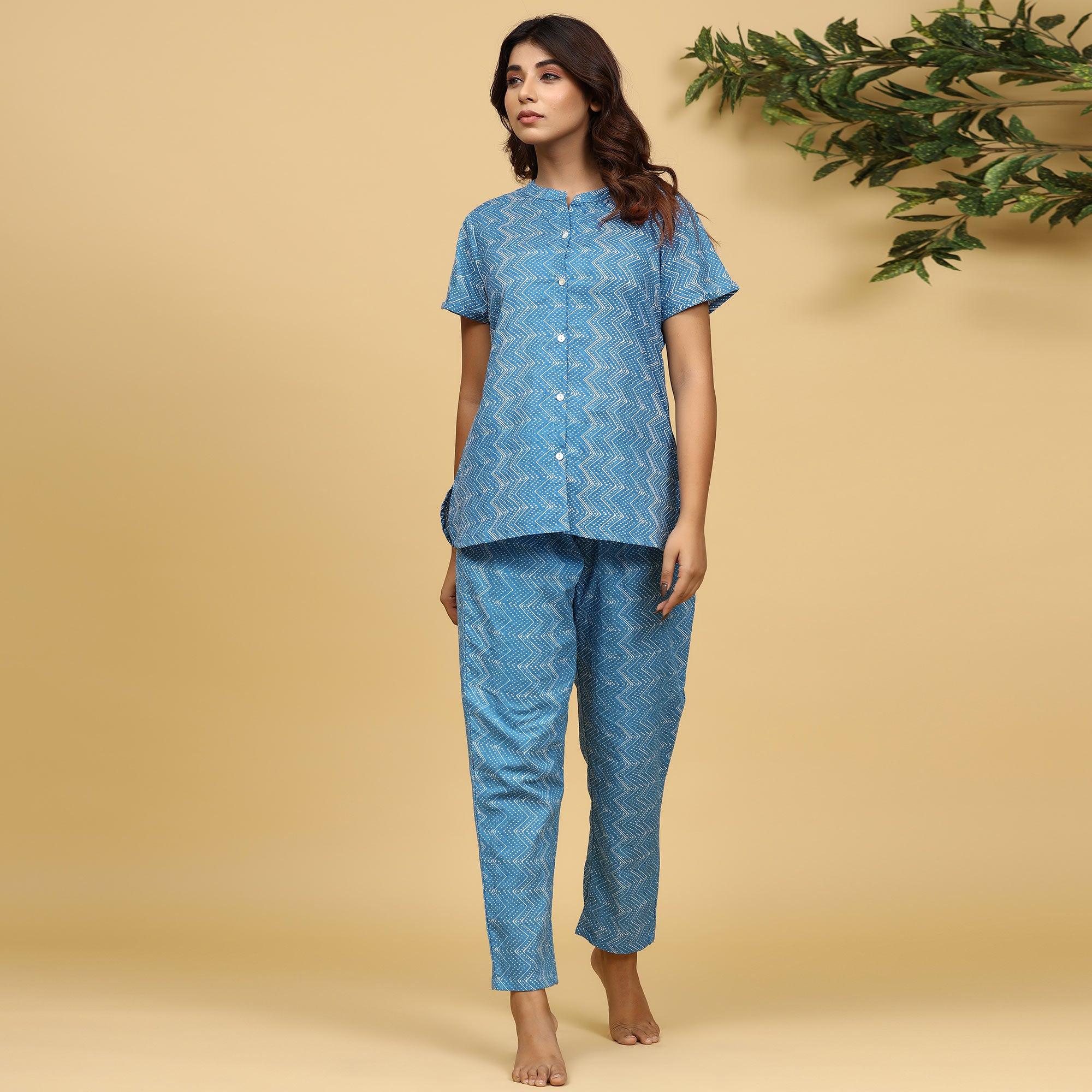 Light Blue Printed Pure Cotton Night Suit - Peachmode