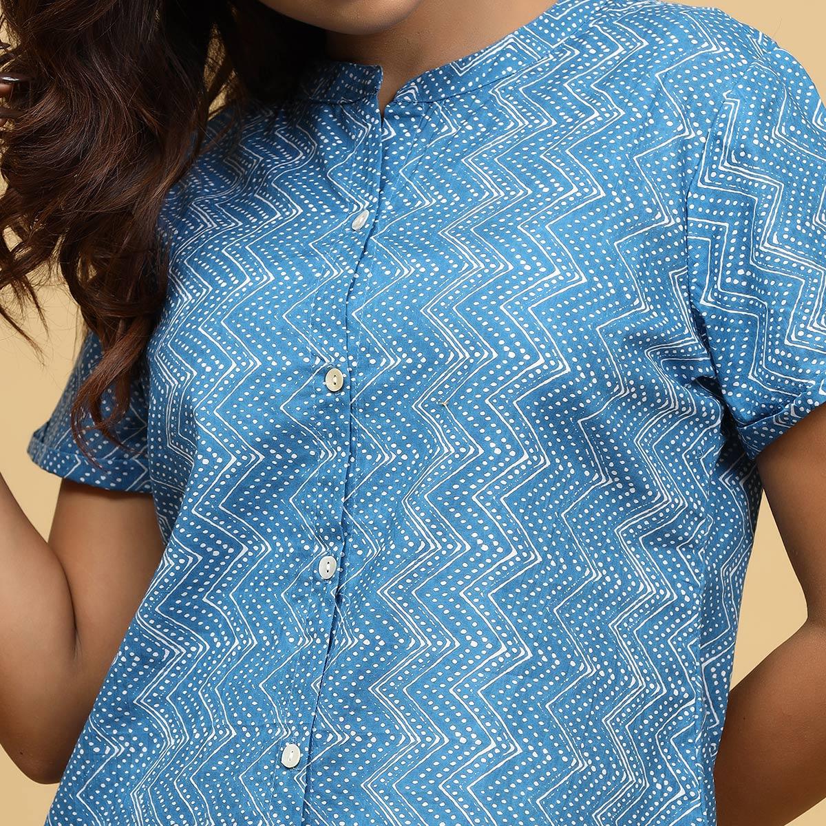 Light Blue Printed Pure Cotton Night Suit - Peachmode