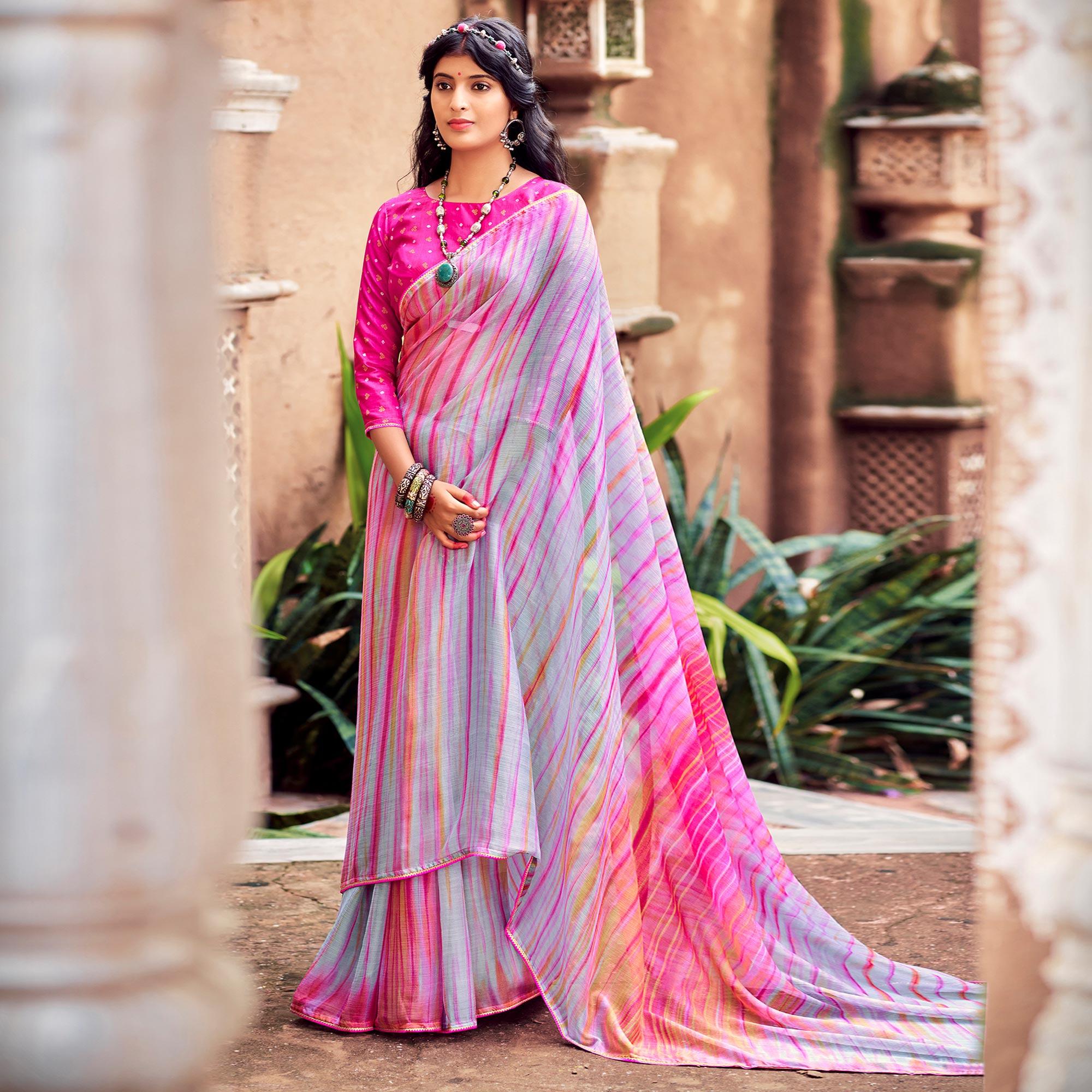 Light Blue Printed With Gota Patti Border Chiffon Saree - Peachmode
