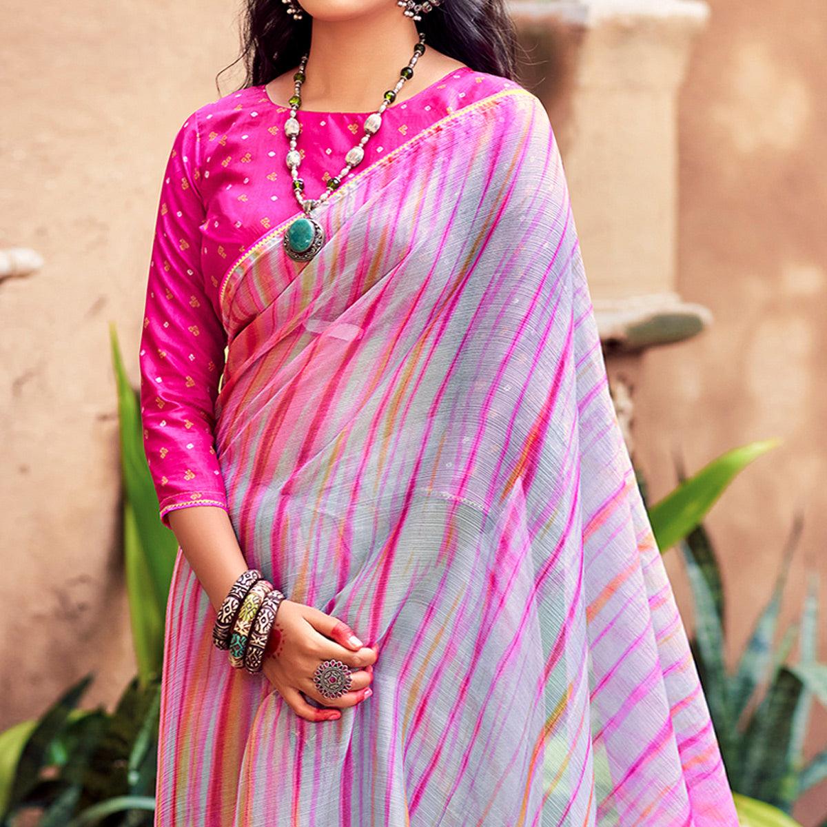 Light Blue Printed With Gota Patti Border Chiffon Saree - Peachmode
