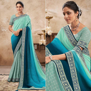Light Blue Sequence Embroidered Chiffon Half & Half Saree - Peachmode