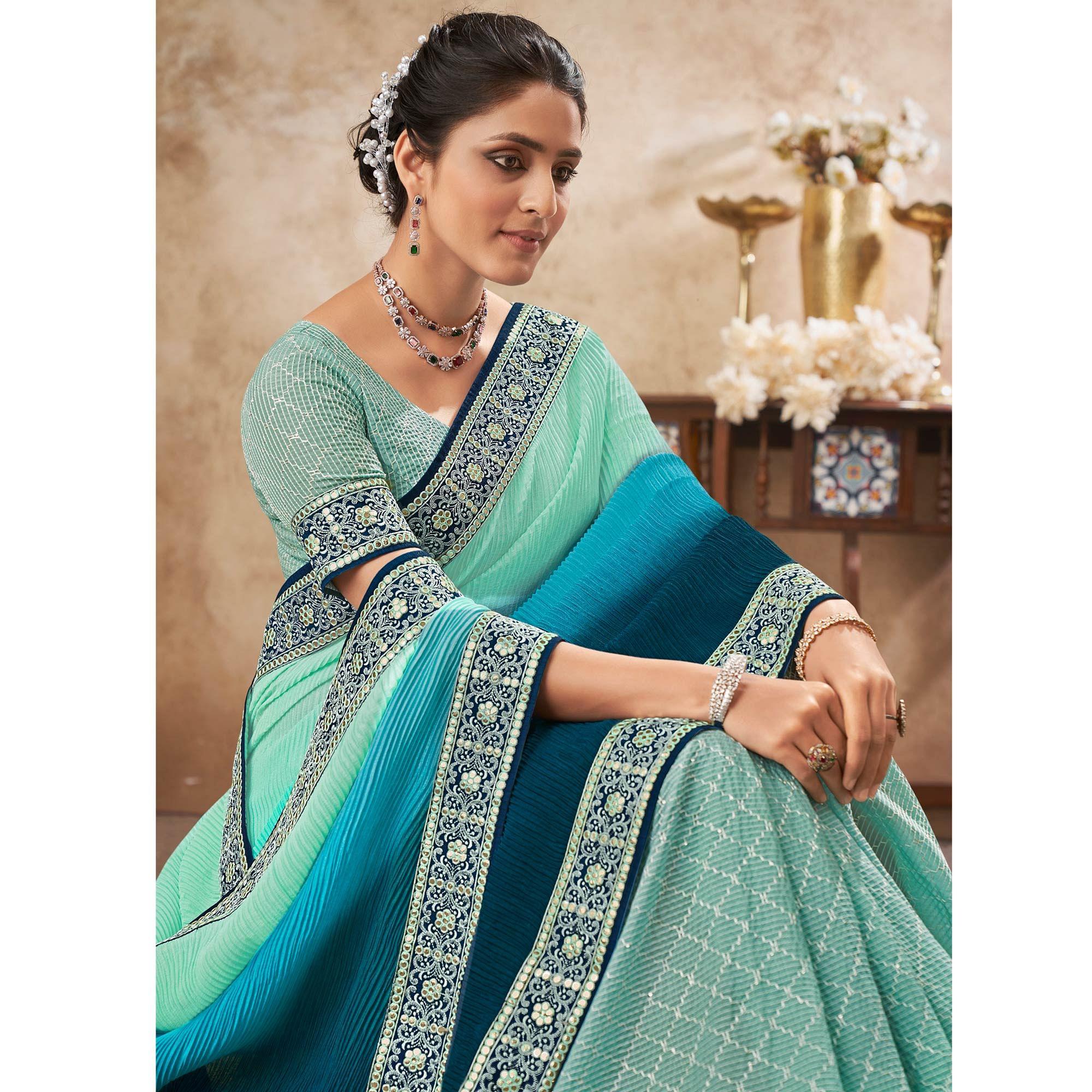 Light Blue Sequence Embroidered Chiffon Half & Half Saree - Peachmode