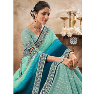 Light Blue Sequence Embroidered Chiffon Half & Half Saree - Peachmode