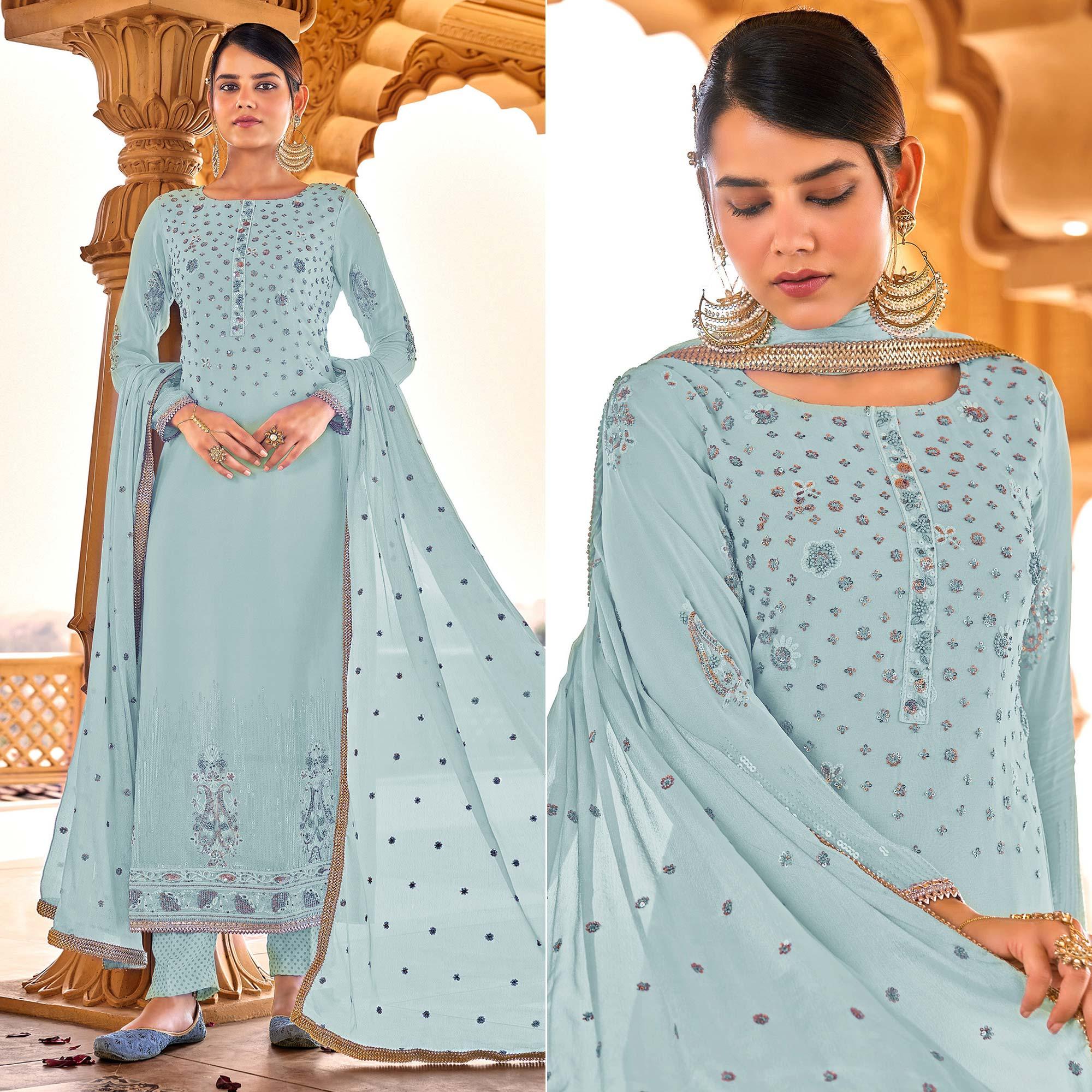 Light Blue Sequence Embroidered Georgette Suit - Peachmode