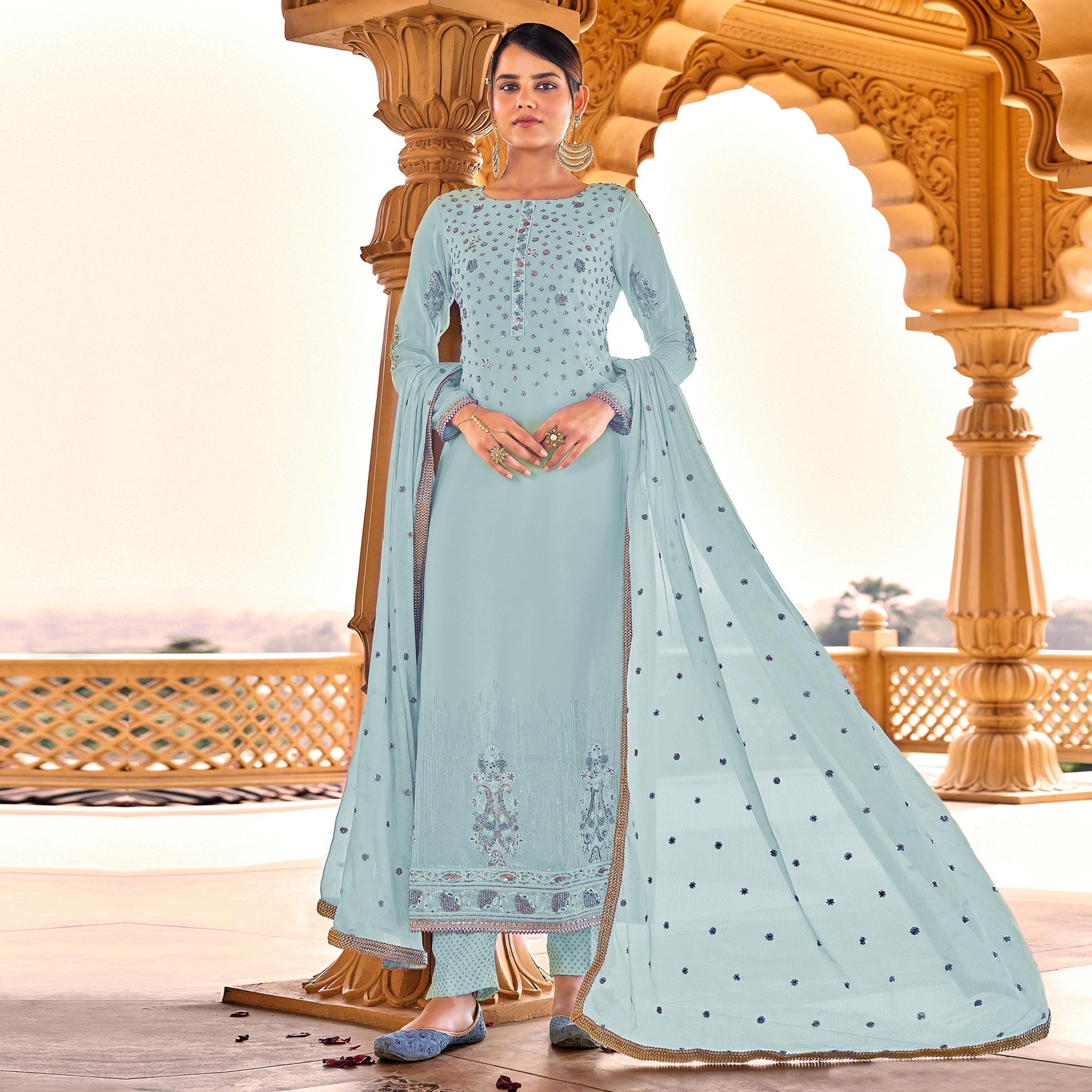 Light Blue Sequence Embroidered Georgette Suit - Peachmode