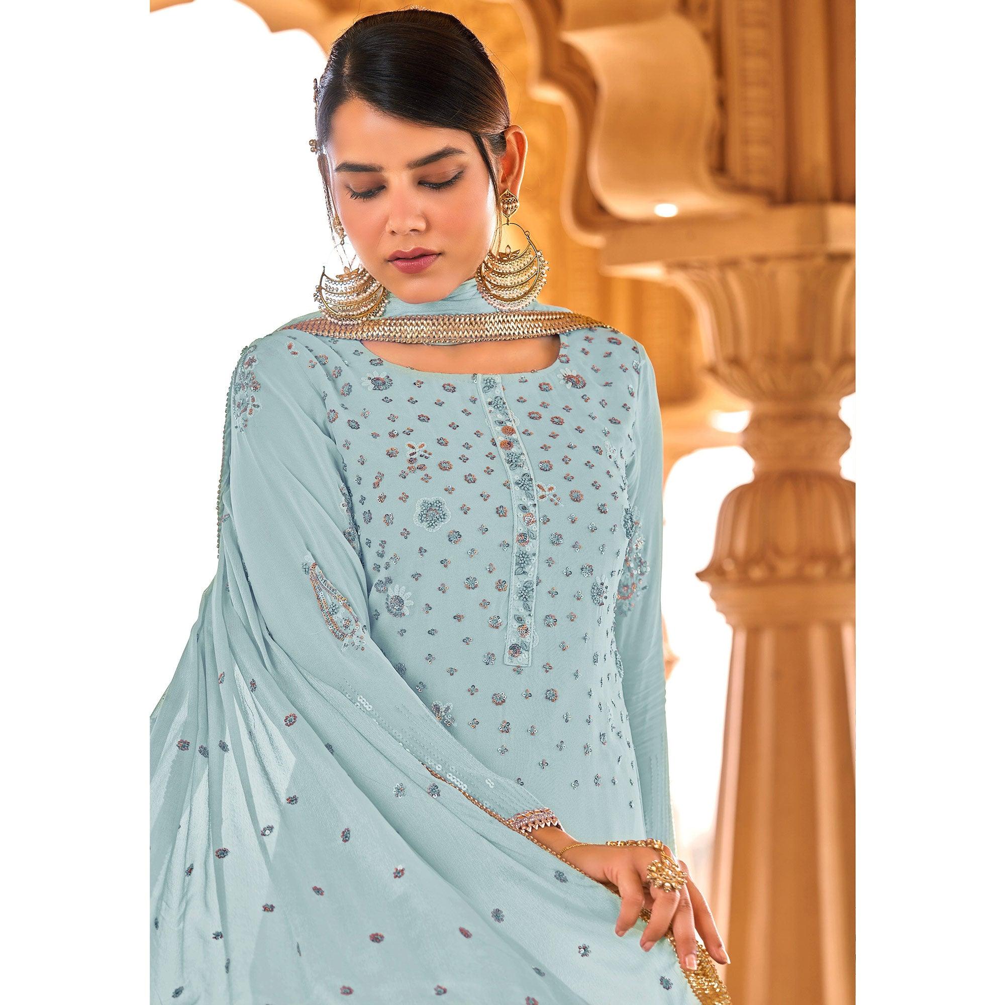 Light Blue Sequence Embroidered Georgette Suit - Peachmode