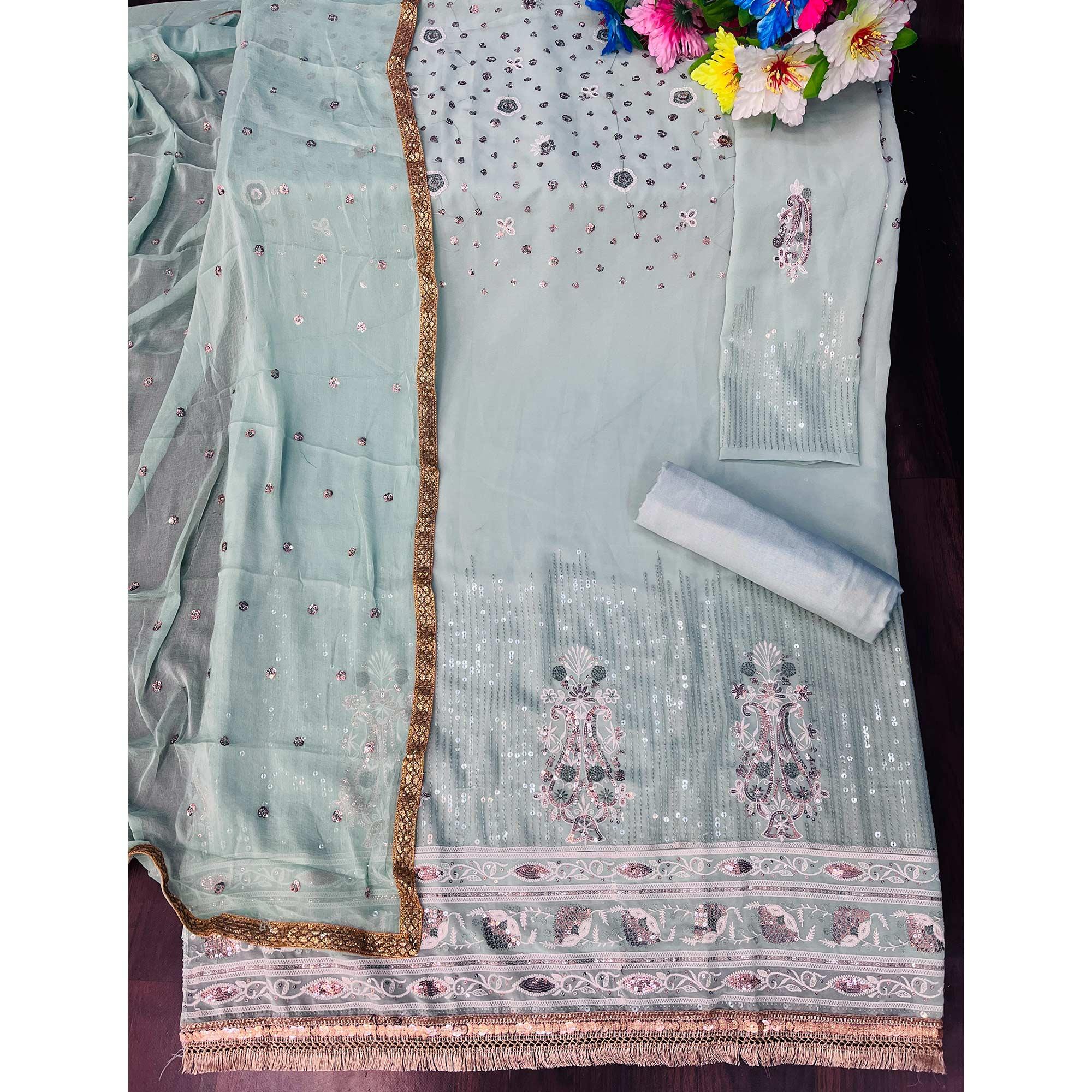 Light Blue Sequence Embroidered Georgette Suit - Peachmode