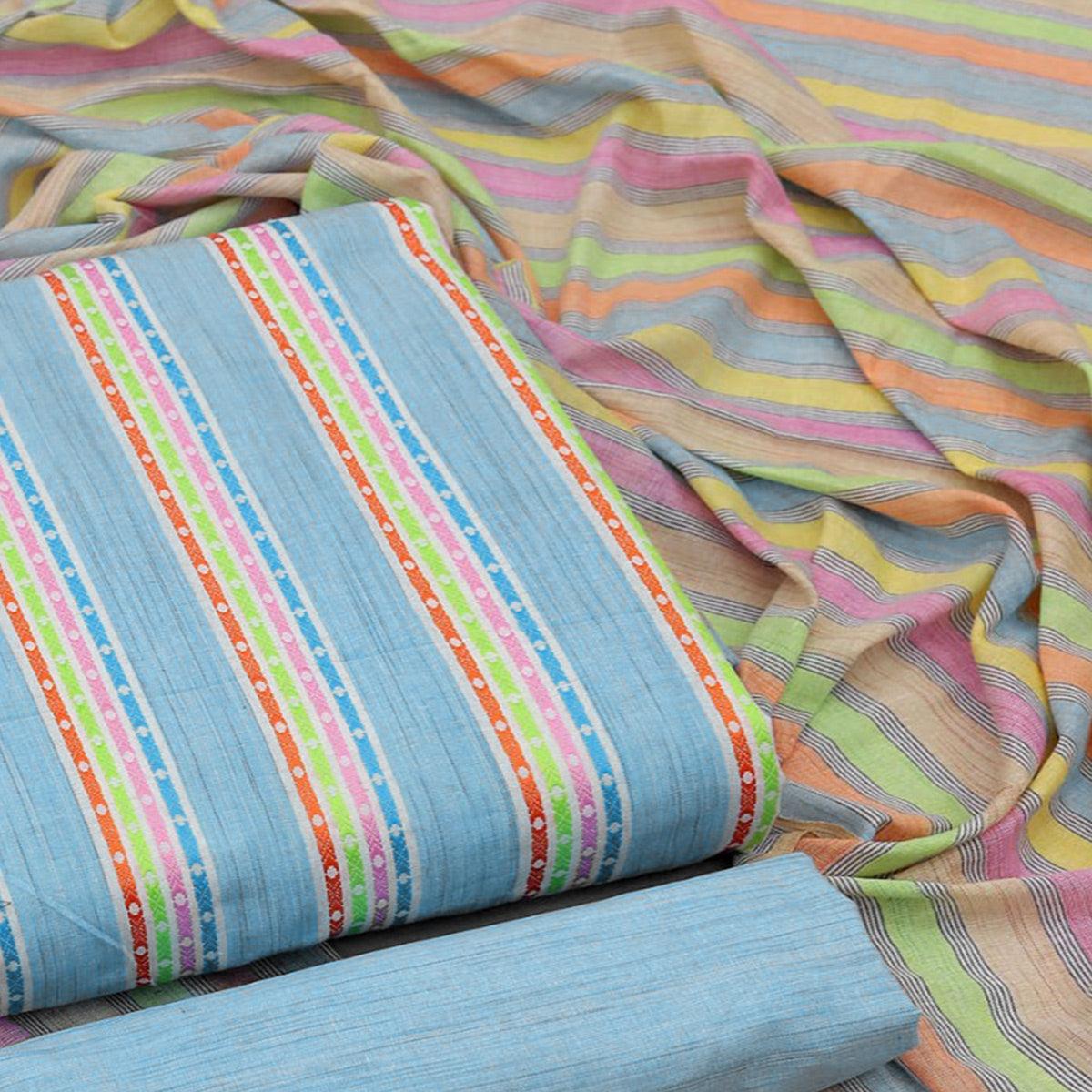 Light Blue Stripes Printed Cotton Blend Dress Material - Peachmode