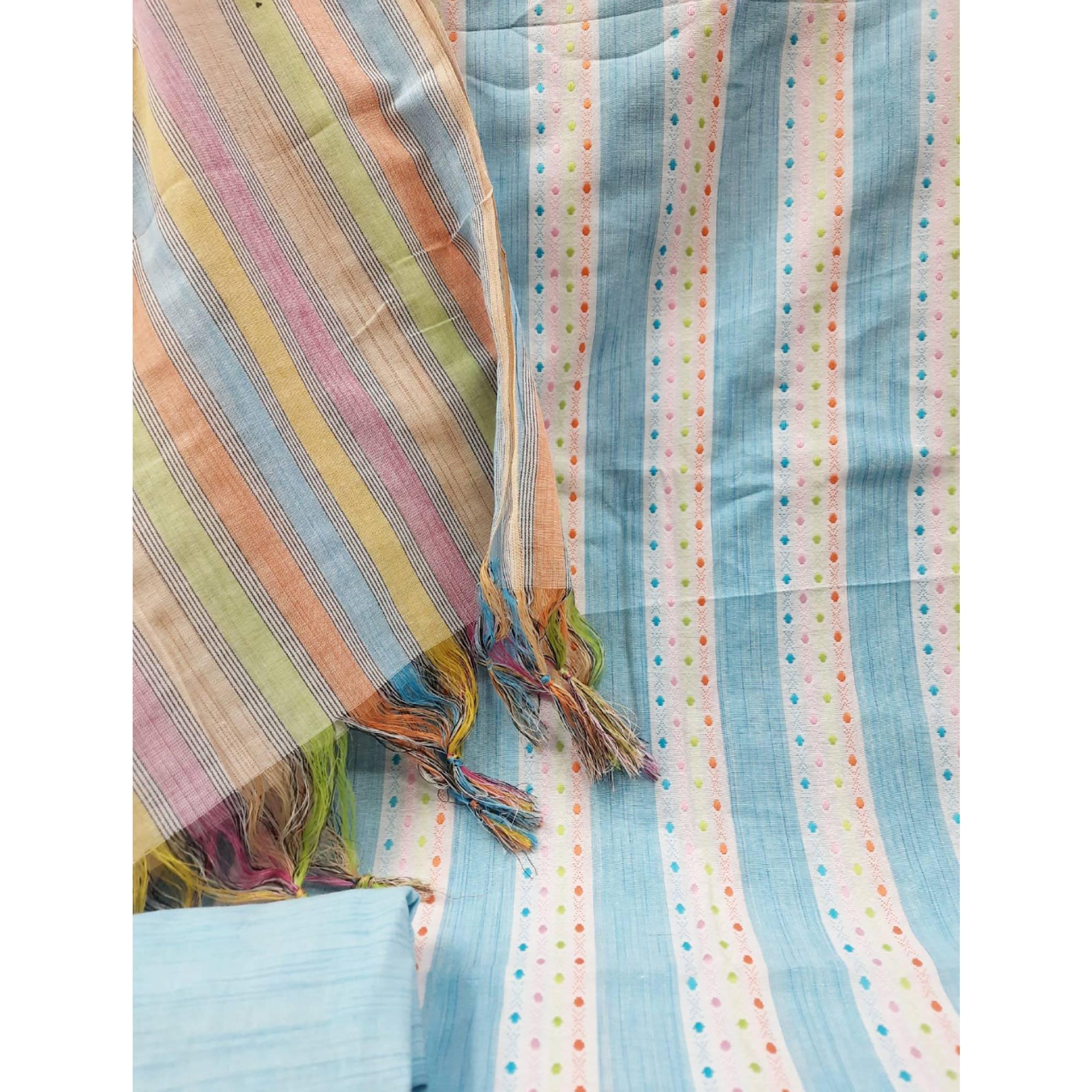 Light Blue Stripes Printed Cotton Blend Dress Material - Peachmode