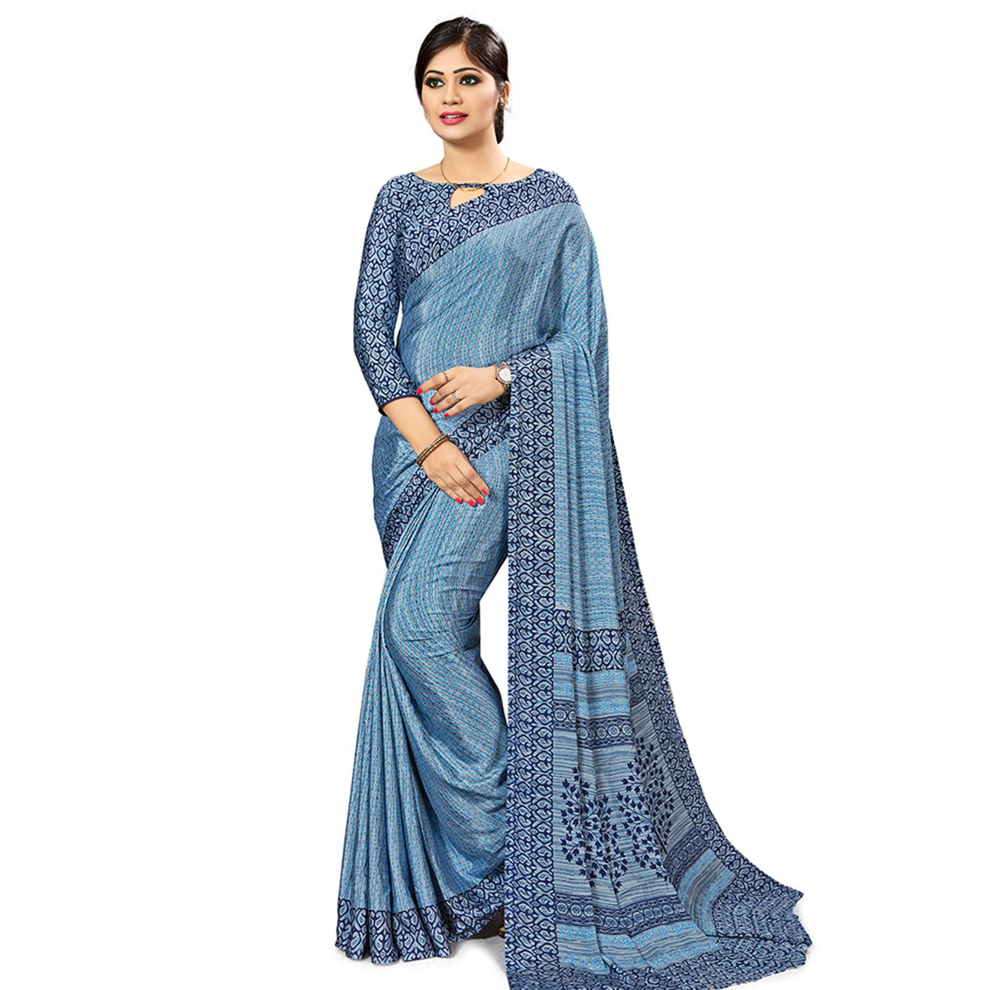 Light Blue Wear Printed Crepe Saree - Peachmode