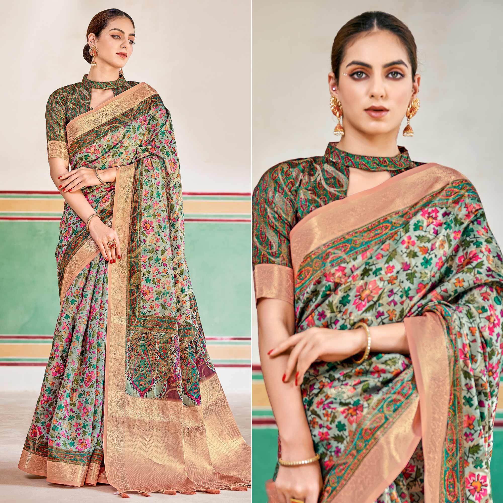 Light Blue Woven Art Silk Saree With Tassels - Peachmode