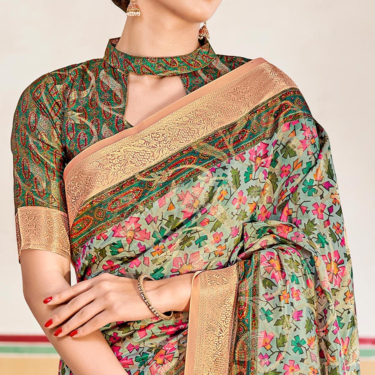 Light Blue Woven Art Silk Saree With Tassels - Peachmode