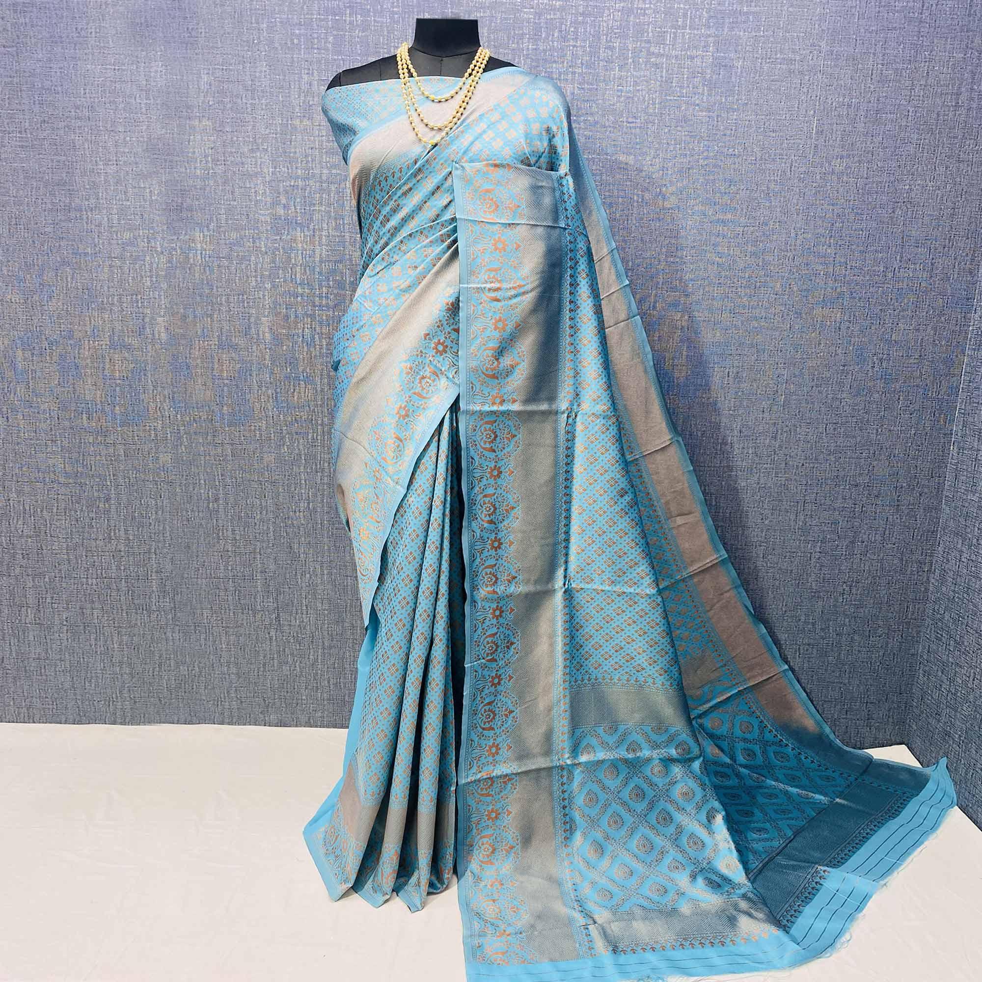 Light Blue Woven Banarasi Silk Saree - Peachmode