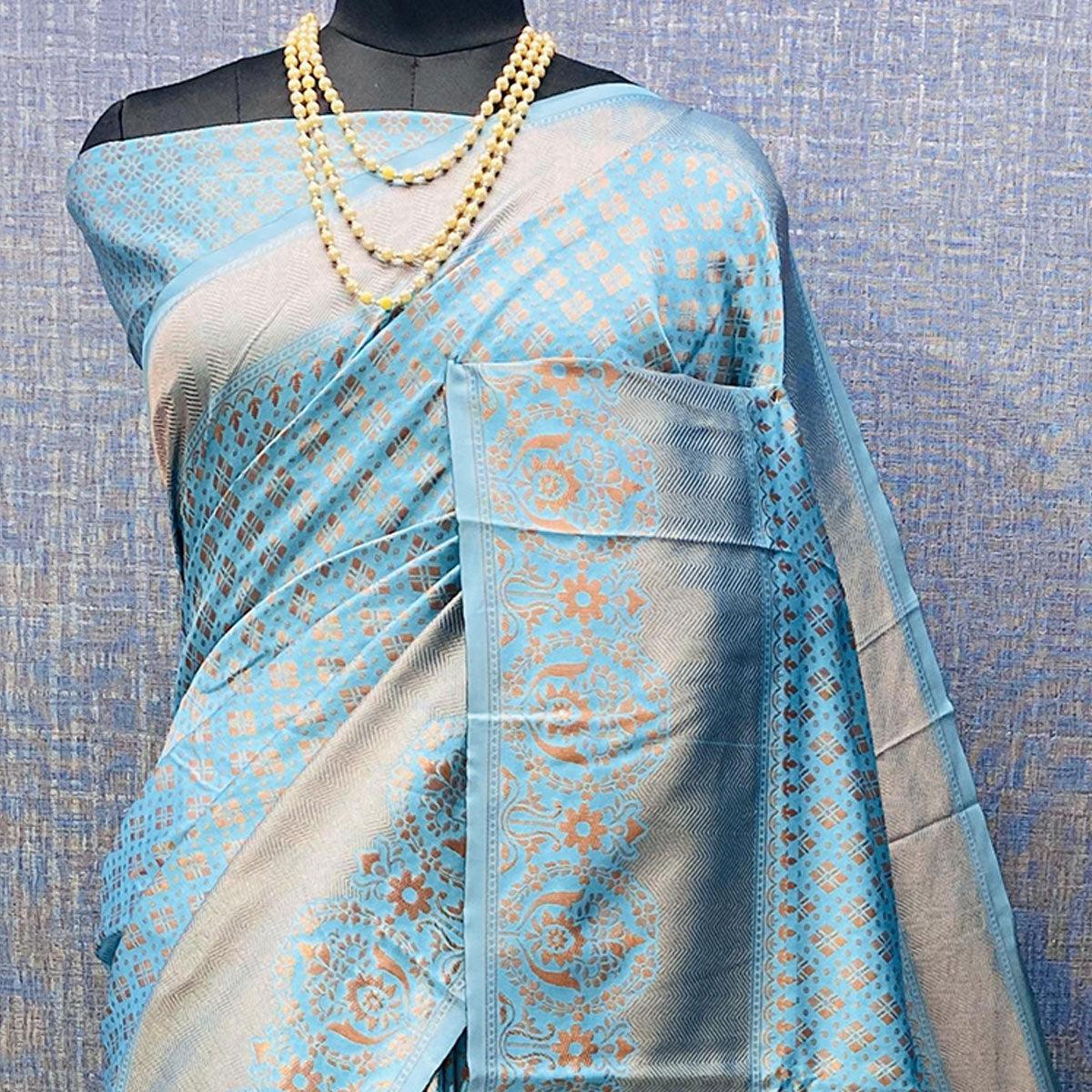 Light Blue Woven Banarasi Silk Saree - Peachmode