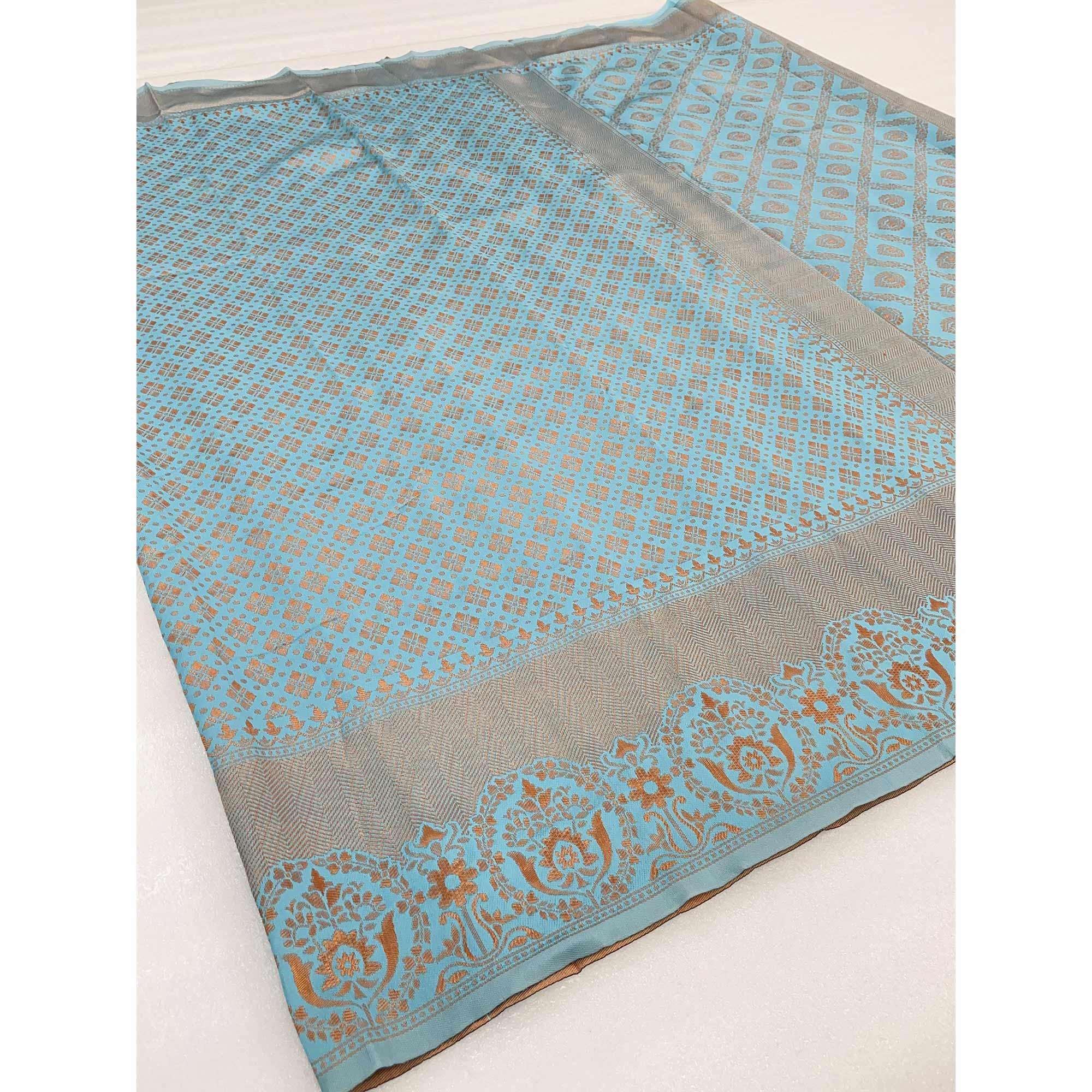 Light Blue Woven Banarasi Silk Saree - Peachmode