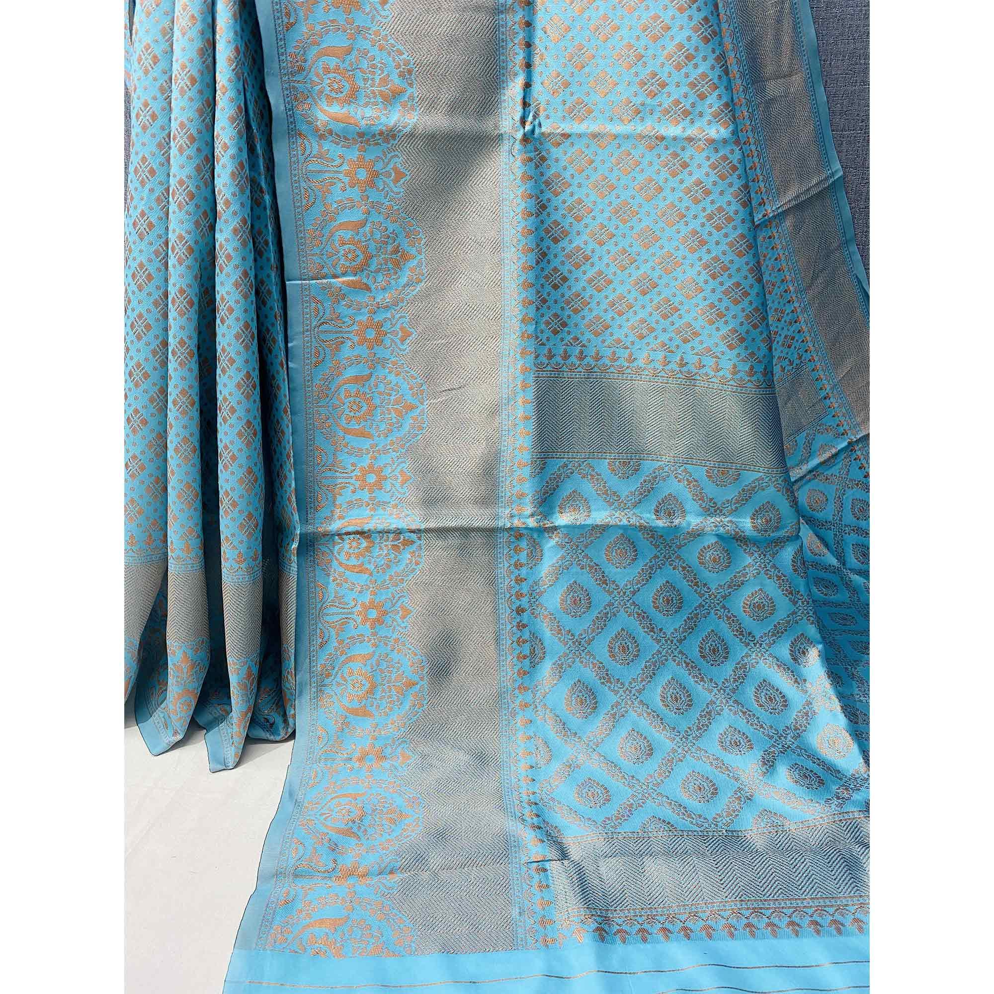 Light Blue Woven Banarasi Silk Saree - Peachmode