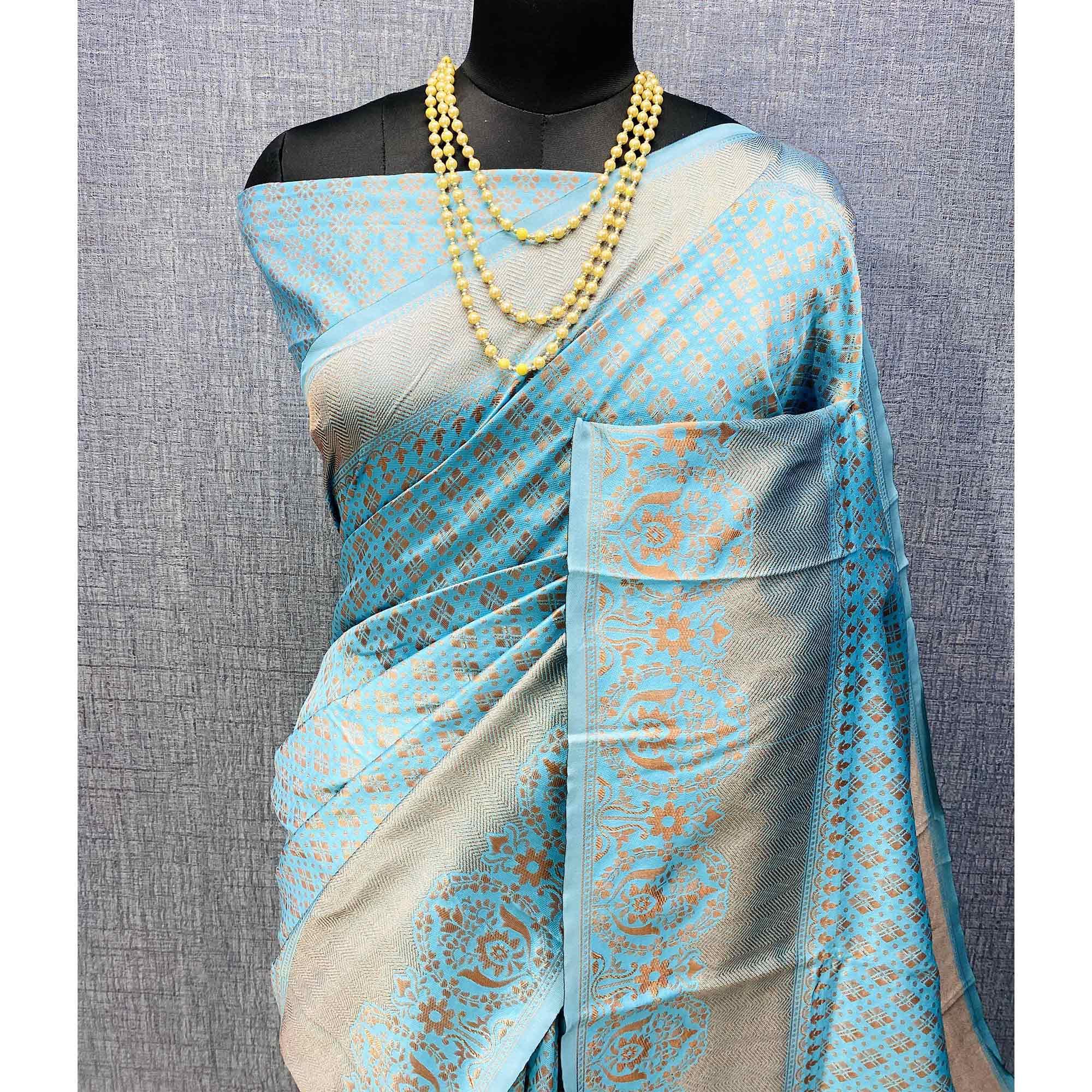 Light Blue Woven Banarasi Silk Saree - Peachmode