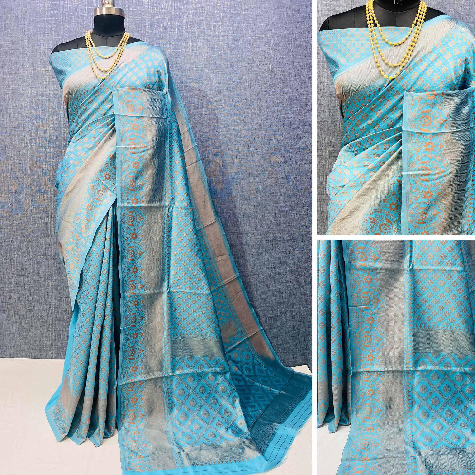 Light Blue Woven Banarasi Silk Saree - Peachmode