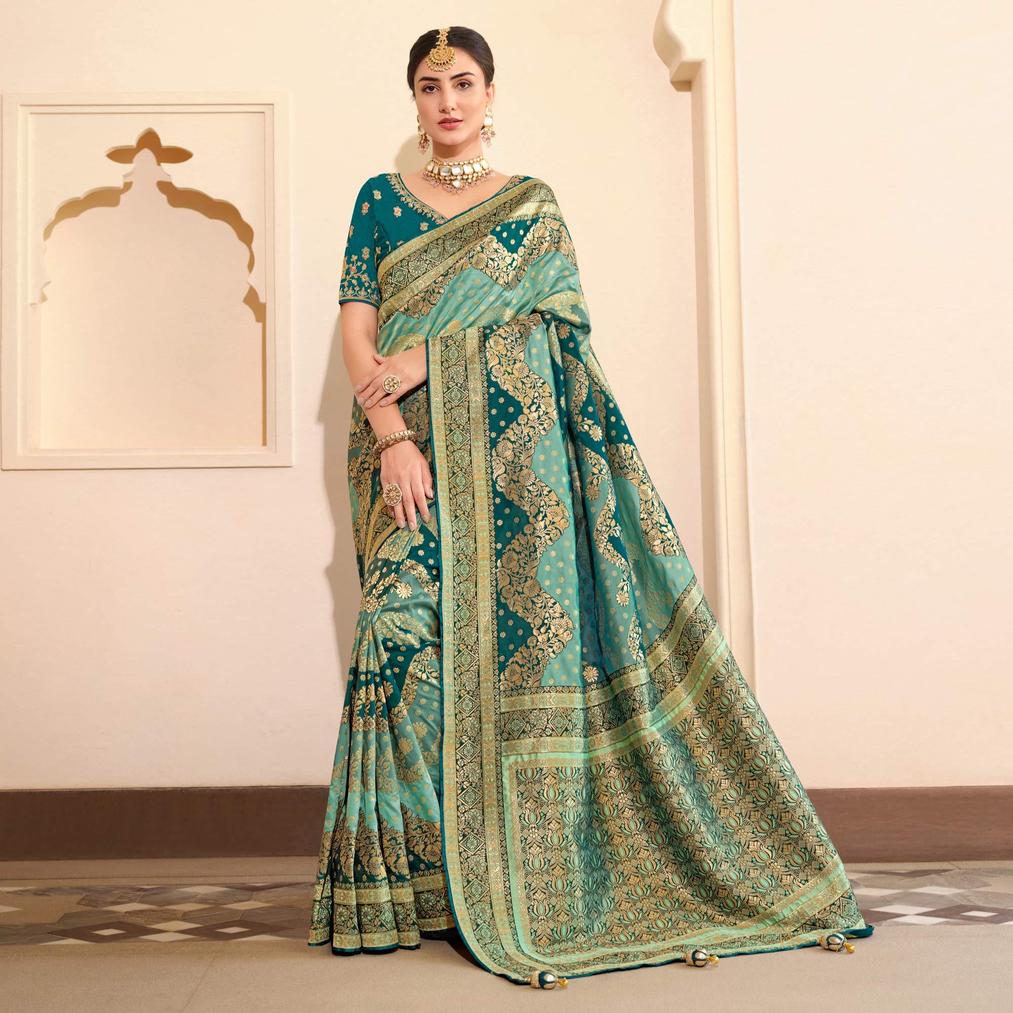 Light Blue Woven Banarasi Silk Saree With Tassels - Peachmode