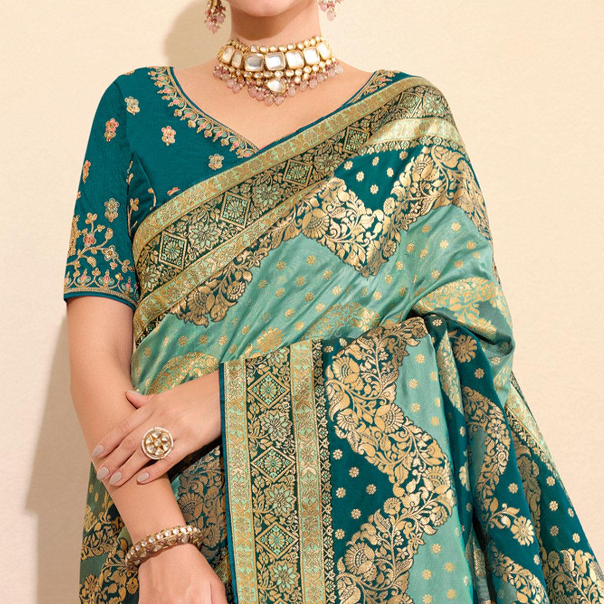 Light Blue Woven Banarasi Silk Saree With Tassels - Peachmode