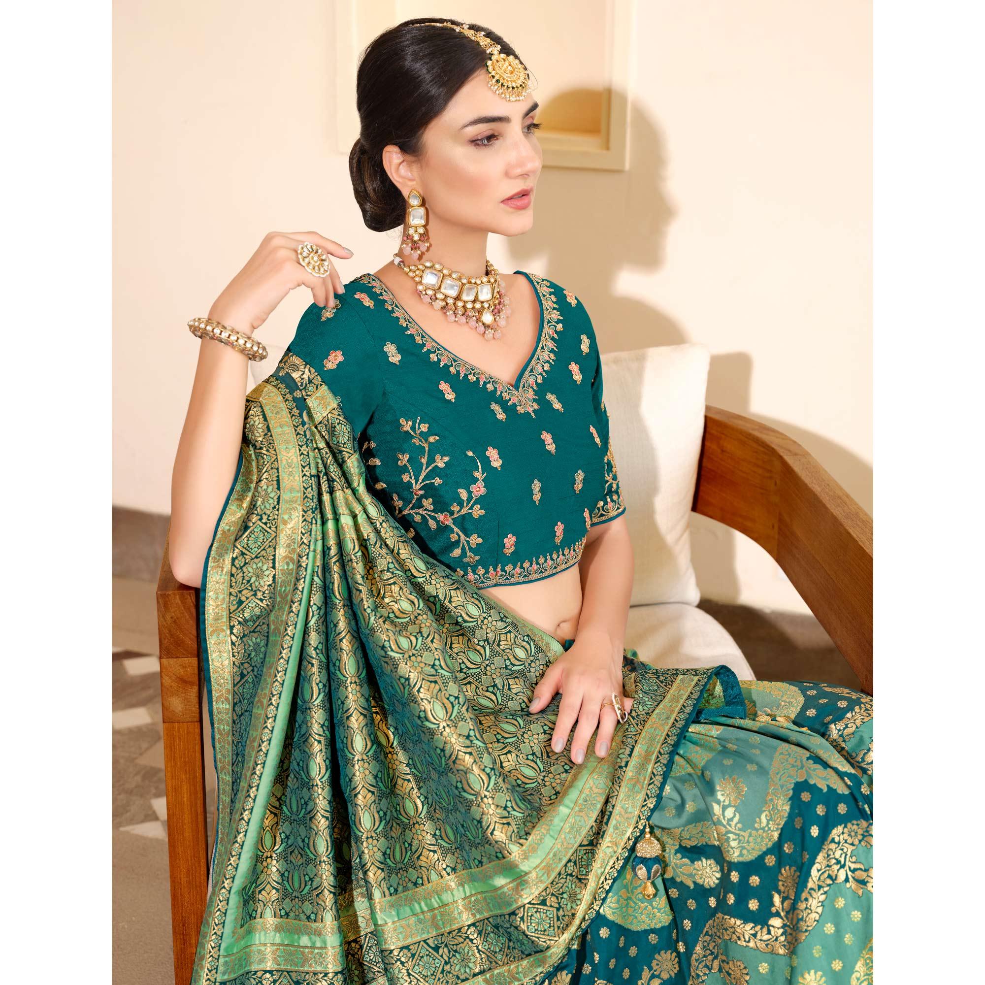Light Blue Woven Banarasi Silk Saree With Tassels - Peachmode
