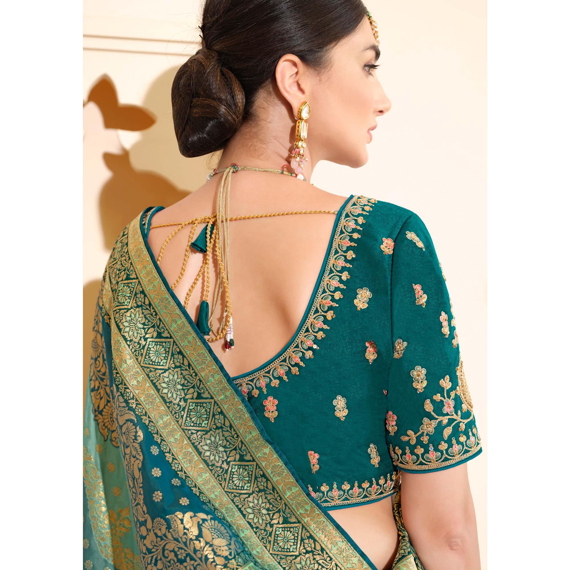 Light Blue Woven Banarasi Silk Saree With Tassels - Peachmode