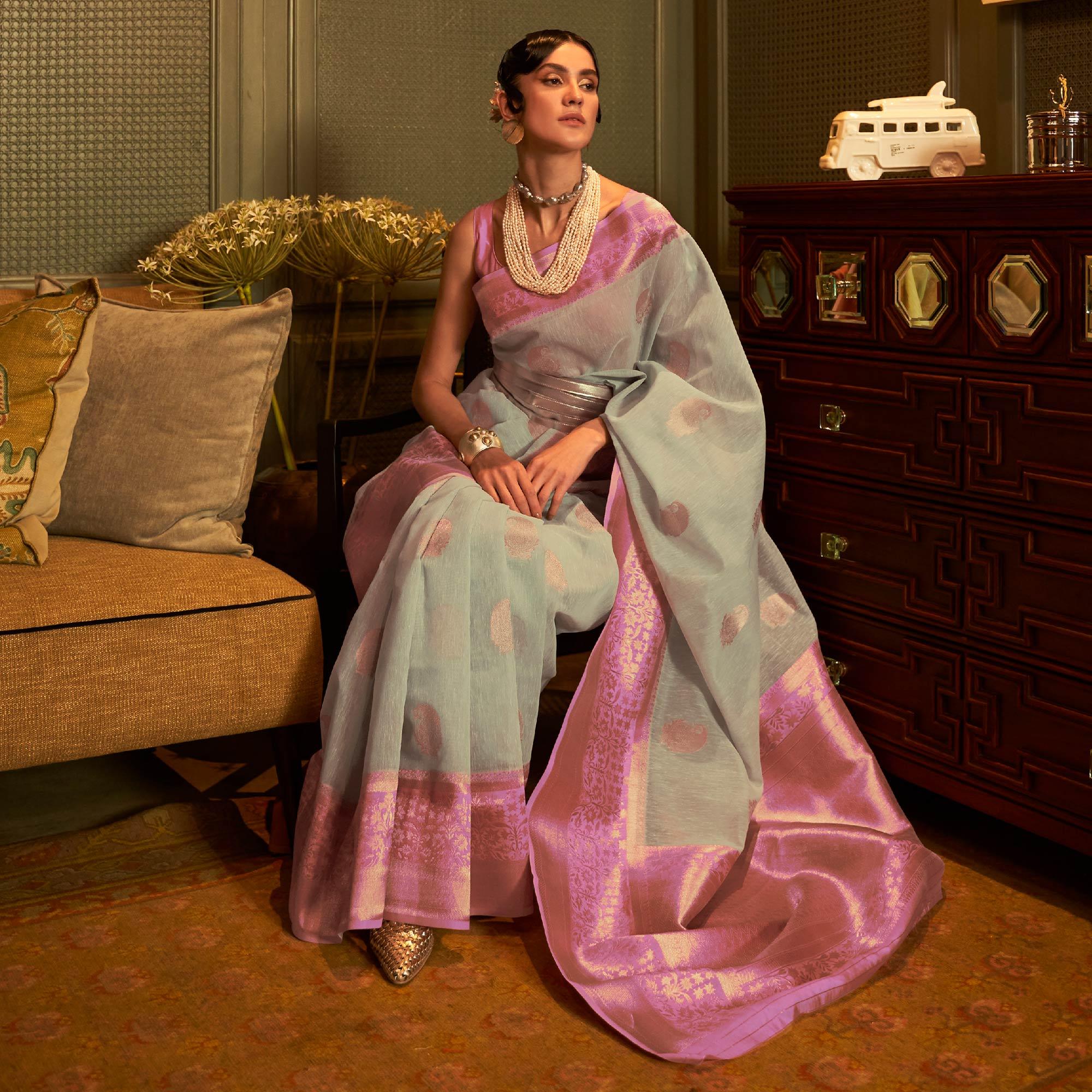 Light Blue Woven Linen Saree - Peachmode