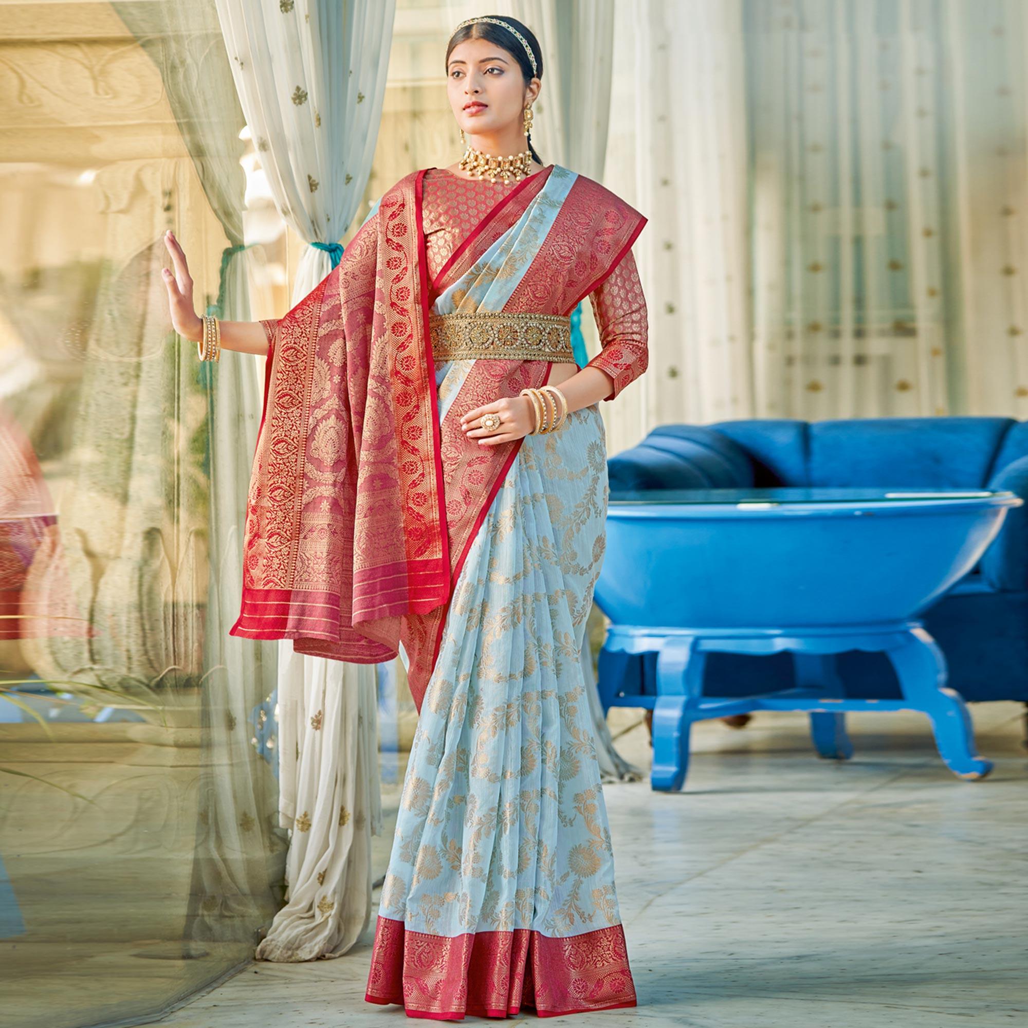 Light Blue Woven Poly Cotton Saree - Peachmode