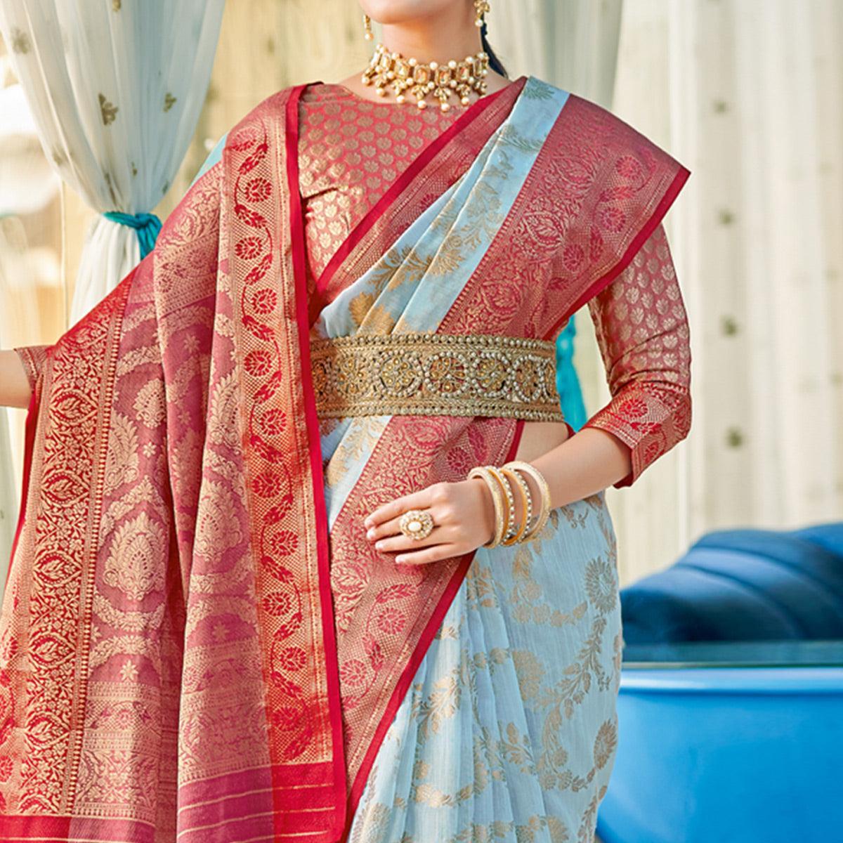 Light Blue Woven Poly Cotton Saree - Peachmode