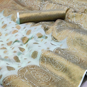 Light Blue Woven Poly Cotton Saree - Peachmode