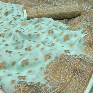 Light Blue Woven Poly Cotton Saree - Peachmode