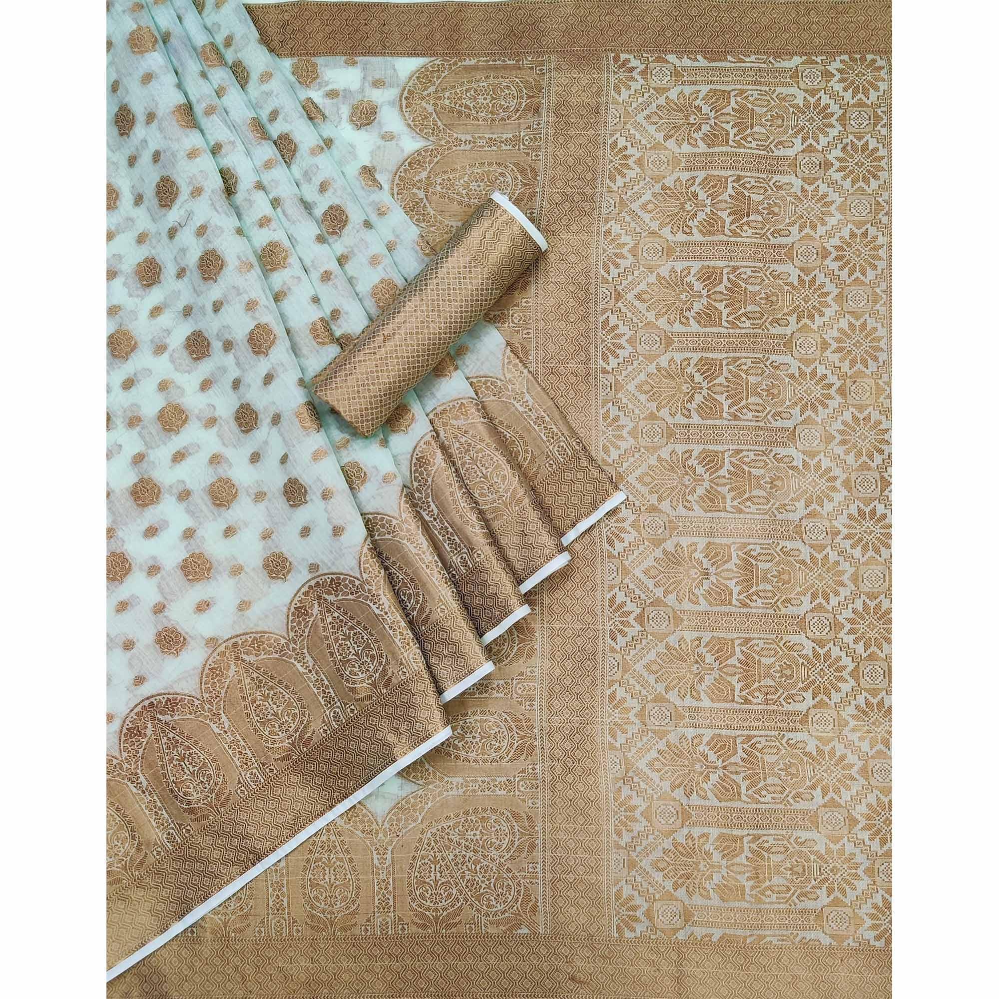 Light Blue Woven Poly Cotton Saree - Peachmode