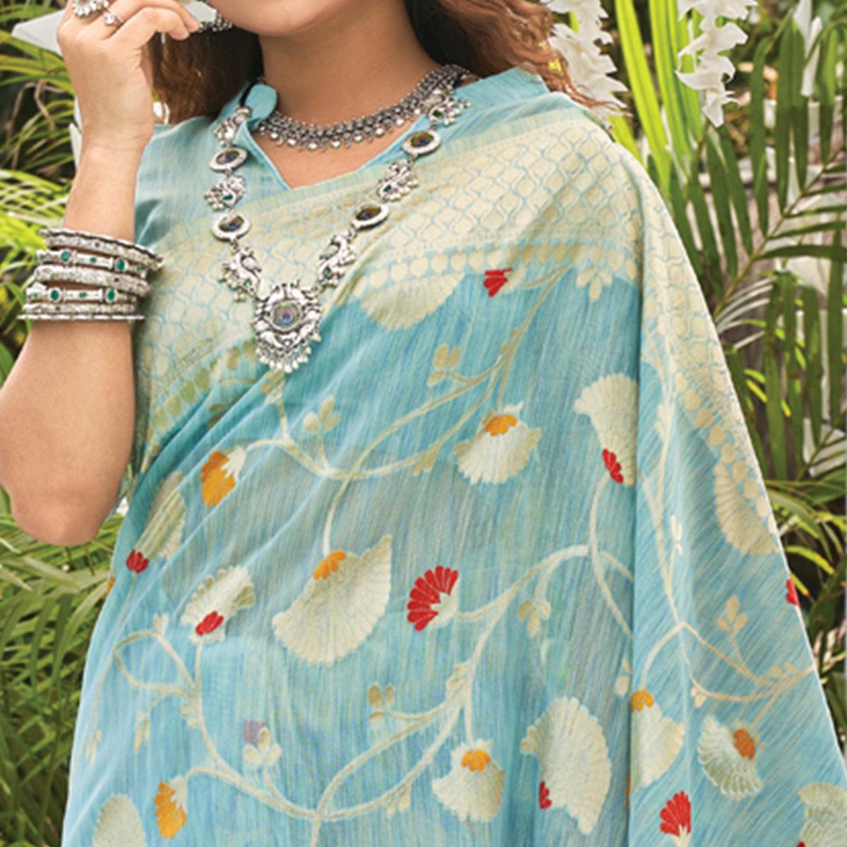 Light Blue Woven Poly Cotton Saree With Tassels - Peachmode