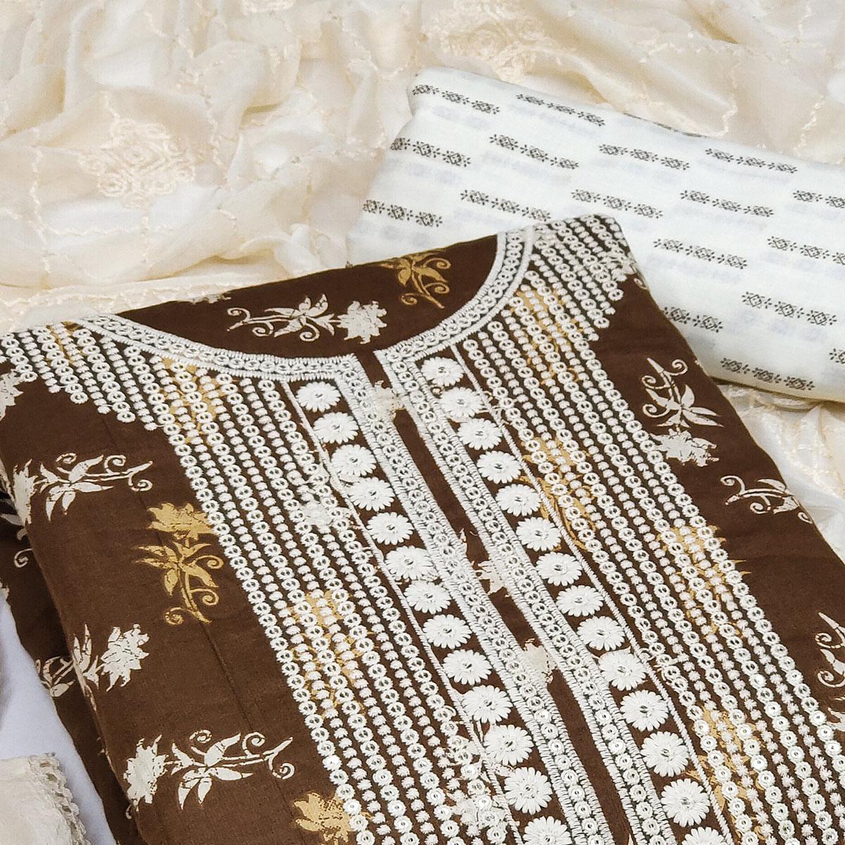 LIght Brown Casual Wear Floral Embroidered With Print Cotton Dress Material - Peachmode