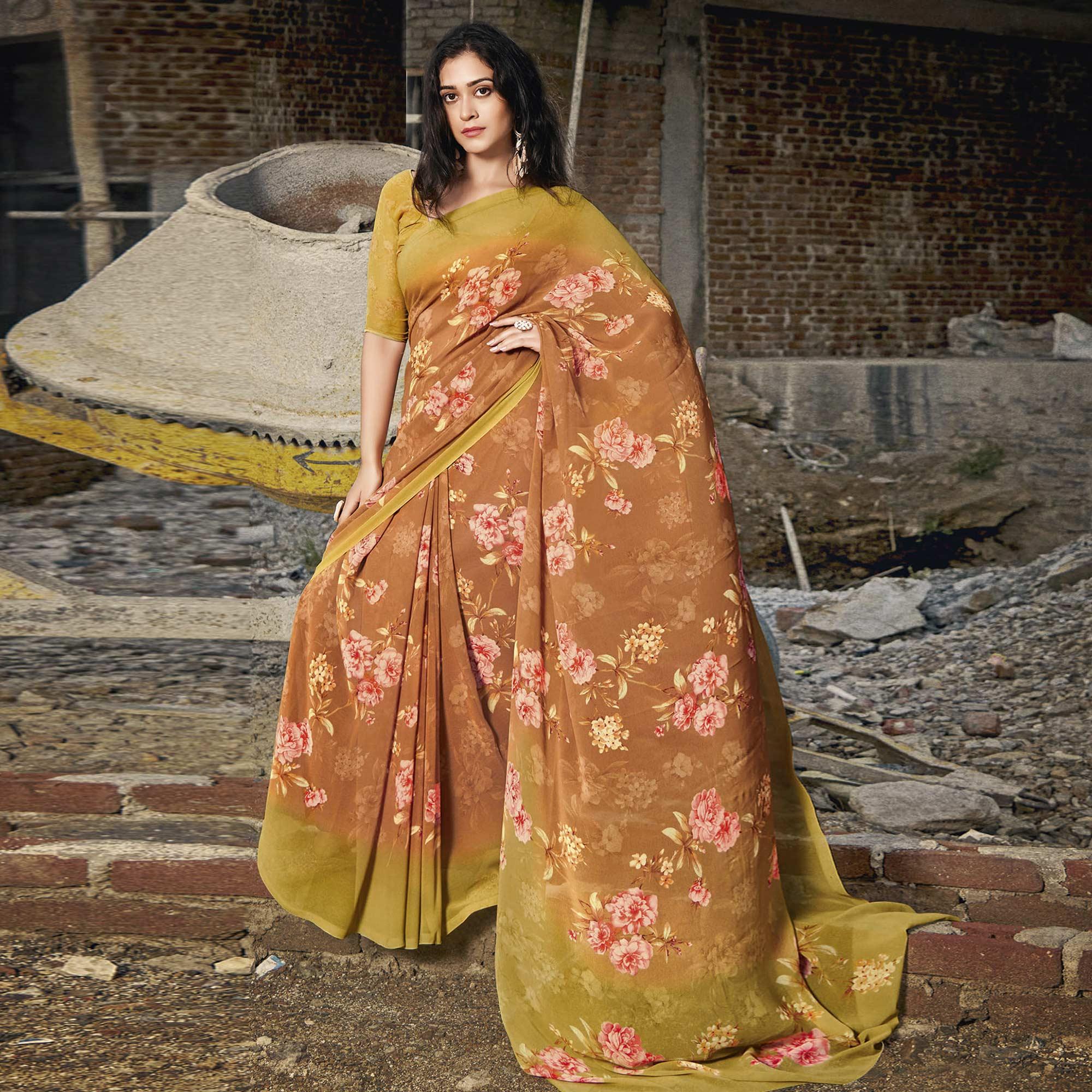 Light Brown Casual Wear Floral Printed Georgette Saree - Peachmode