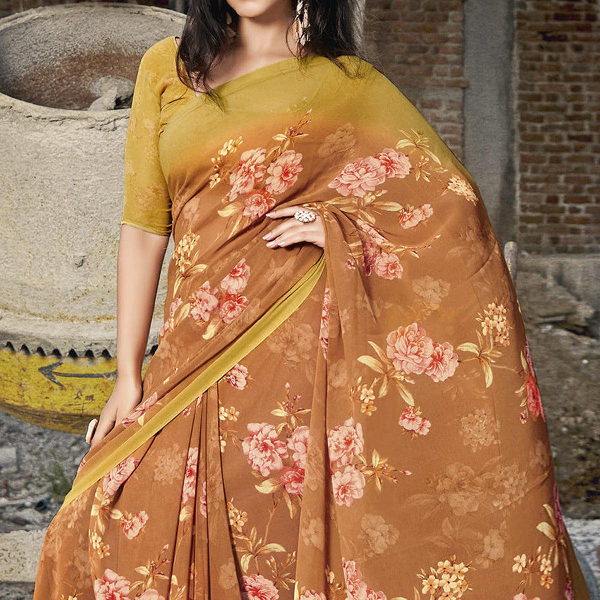 Light Brown Casual Wear Floral Printed Georgette Saree - Peachmode