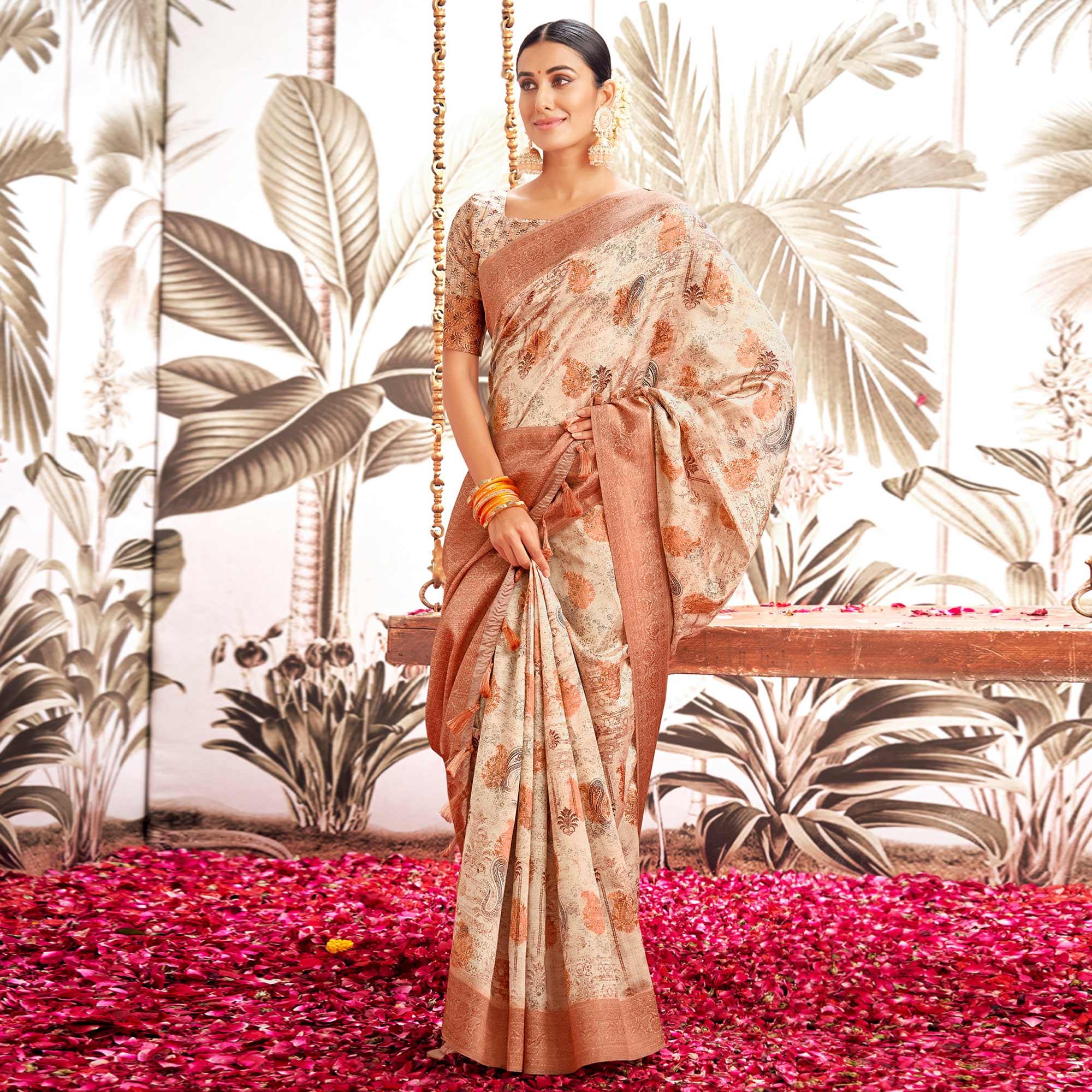 Light Brown Digital Printed Art Silk Saree With Tassels - Peachmode