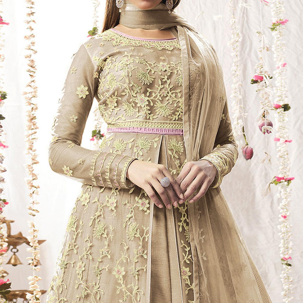 Light Brown Embroidered Netted Anarkali Suit - Peachmode