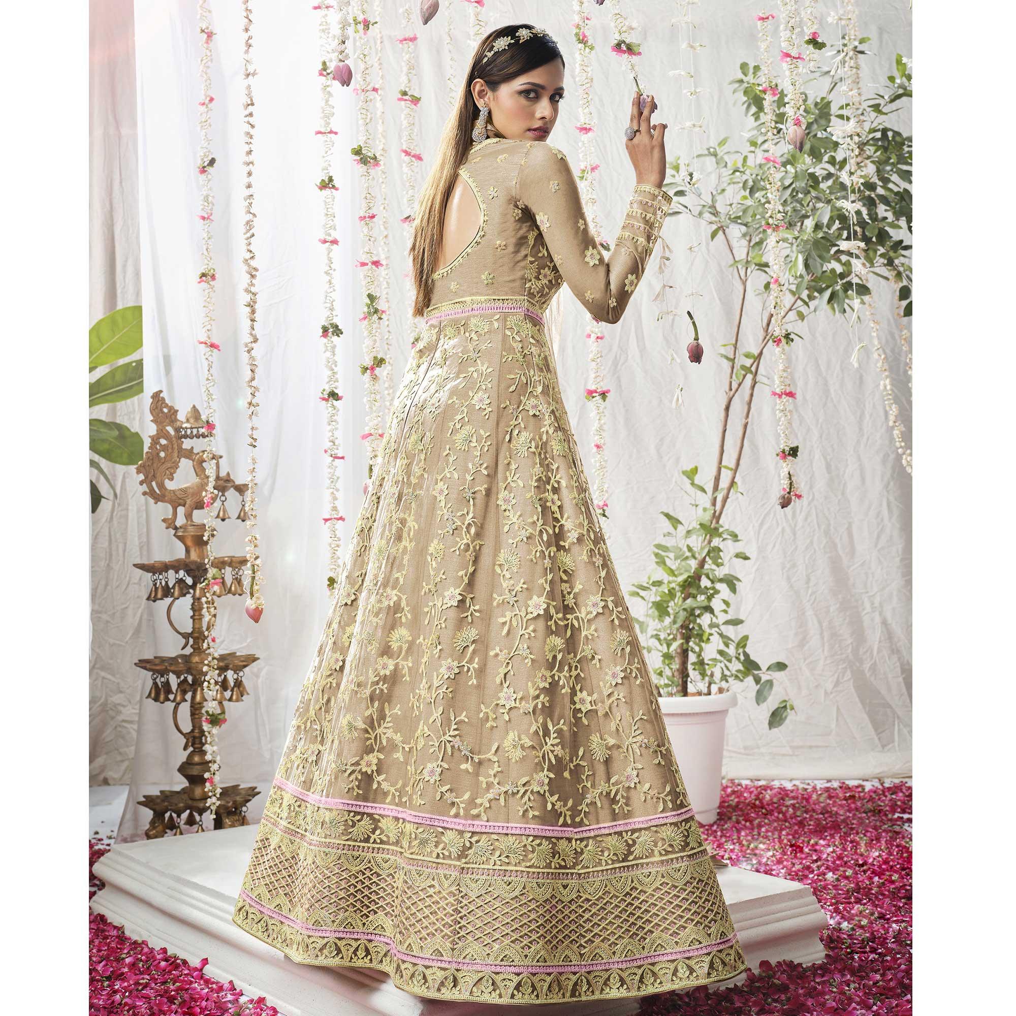 Light Brown Embroidered Netted Anarkali Suit - Peachmode