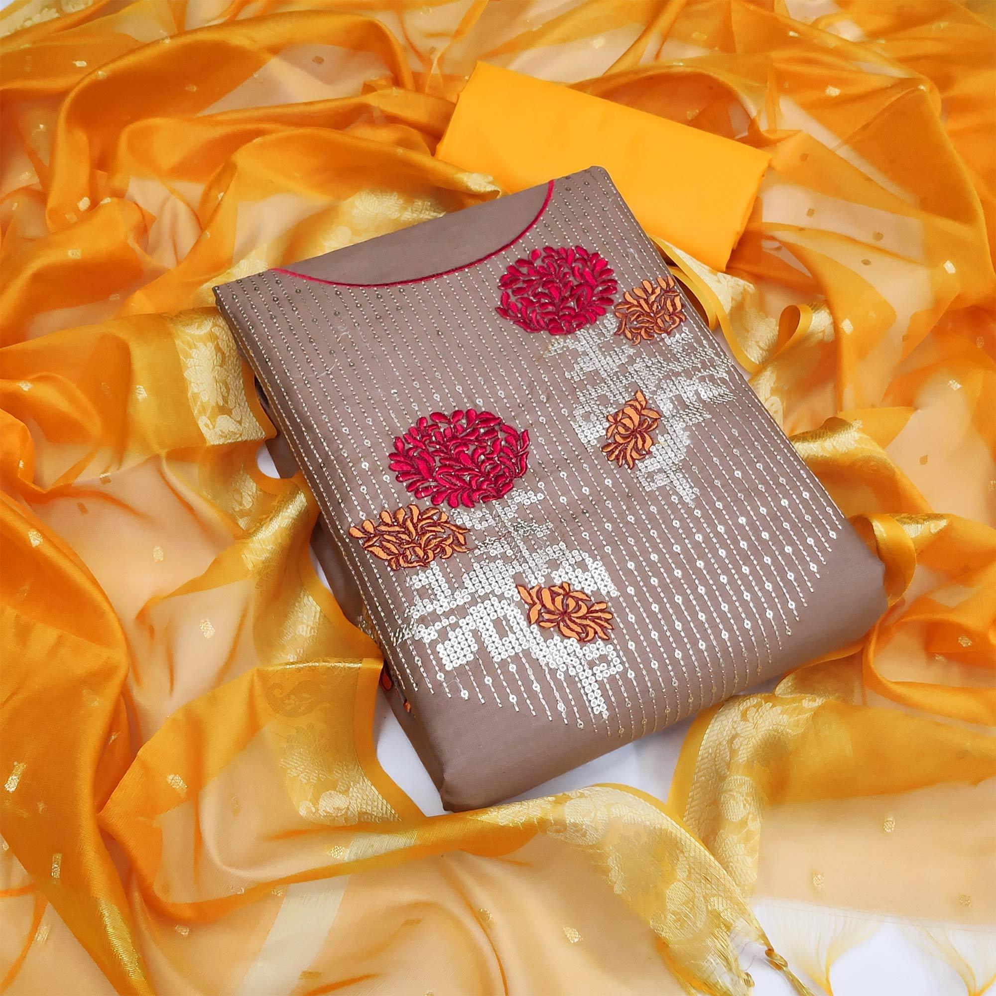 Light Brown Festive Wear Floral Embroidered Cotton Dress Material - Peachmode