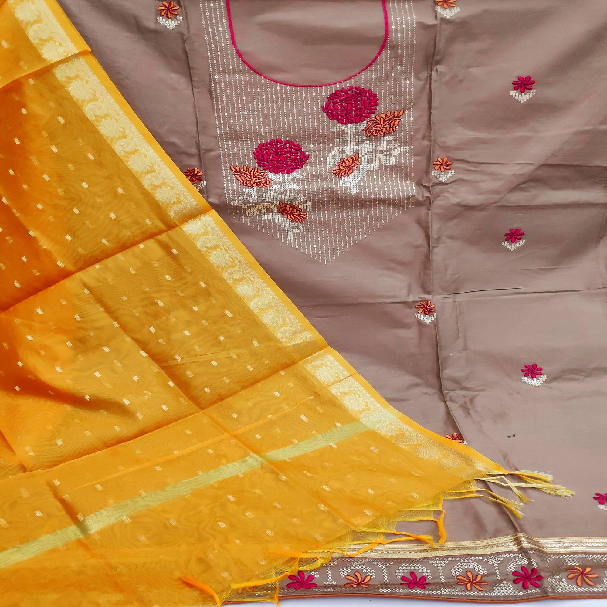 Light Brown Festive Wear Floral Embroidered Cotton Dress Material - Peachmode